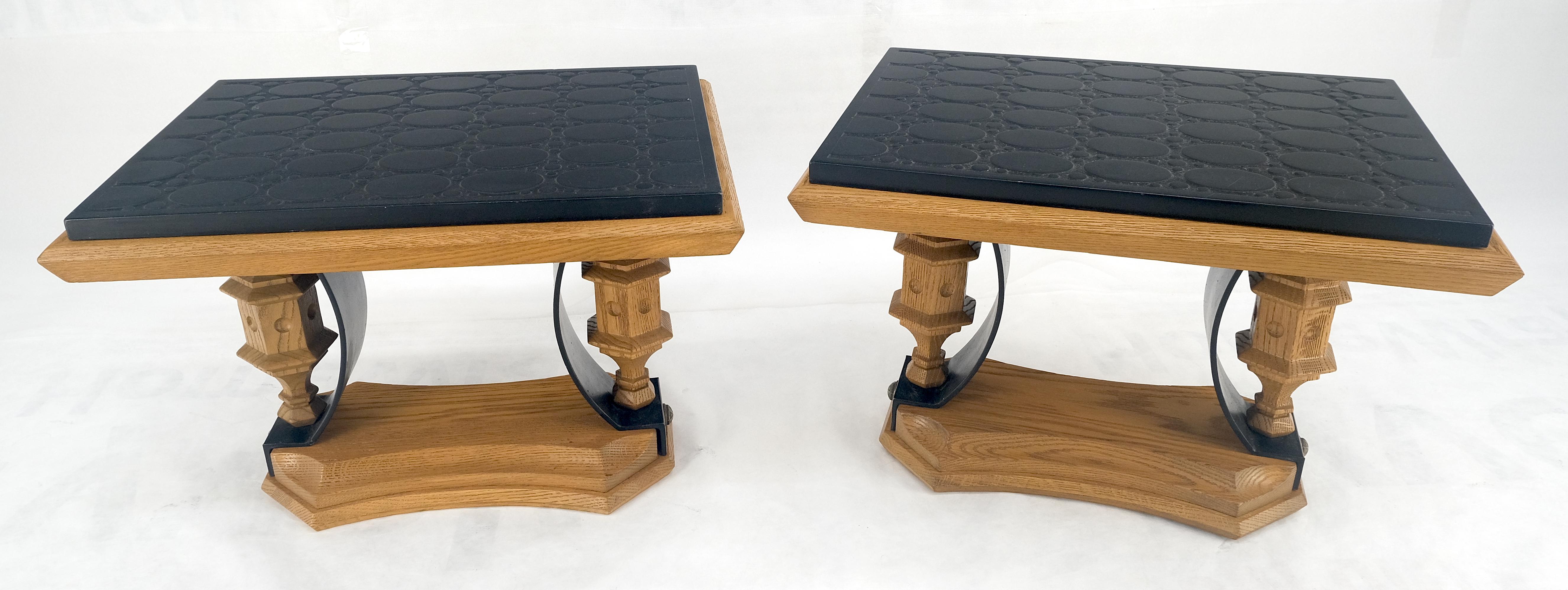 Pair Solid Oak Bases Etched Patterns 3/4