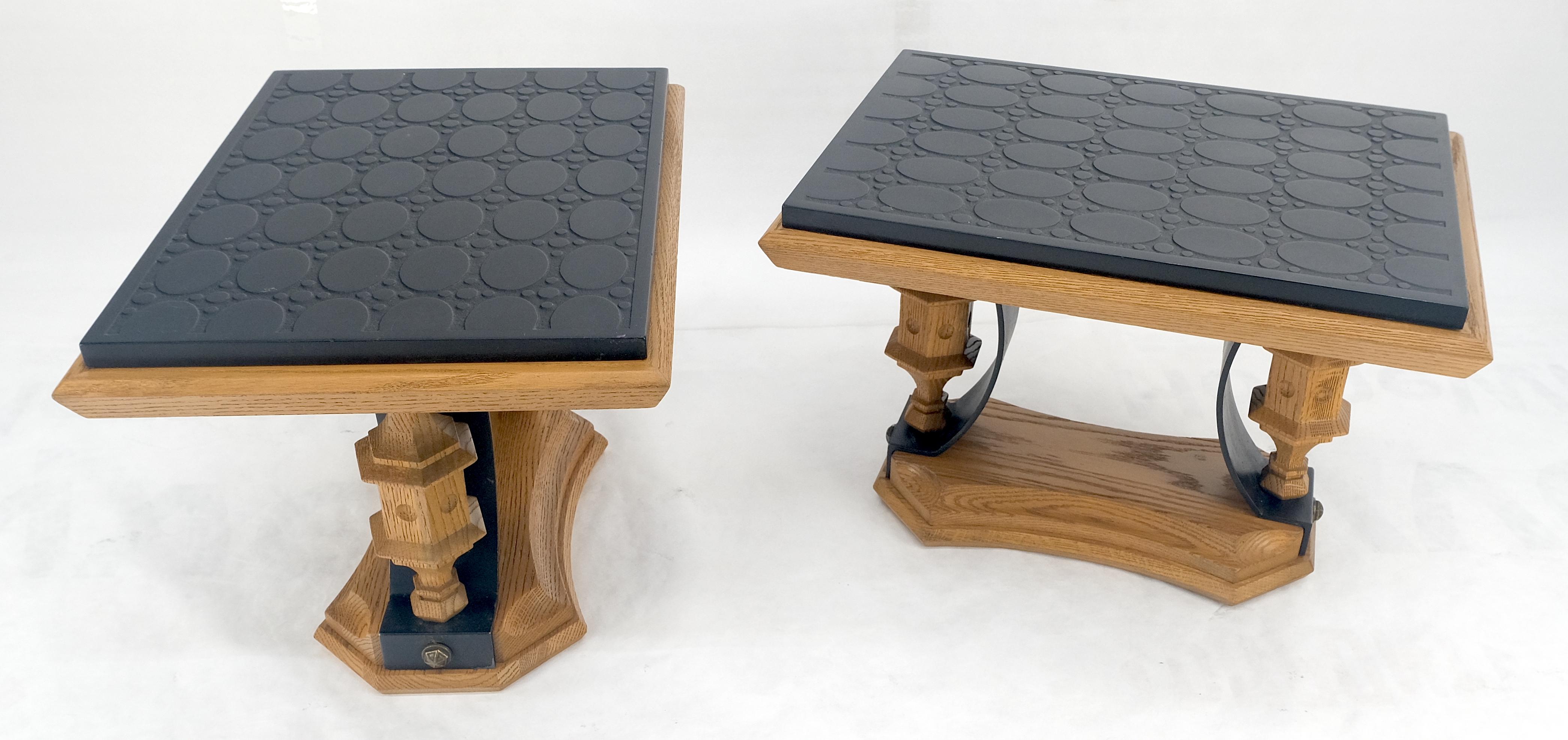 Lacquered Pair Solid Oak Bases Etched Patterns 3/4