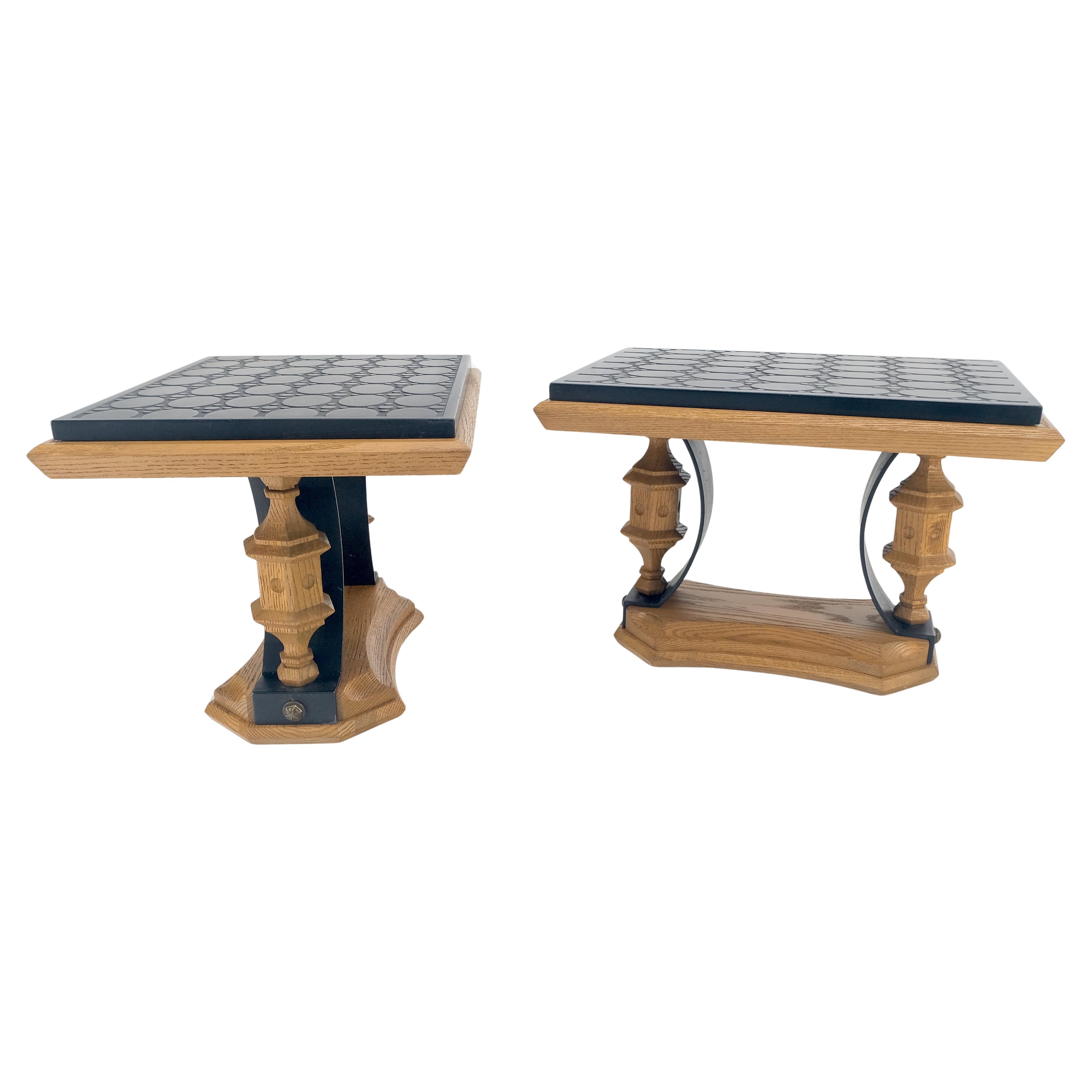 Pair Solid Oak Bases Etched Patterns 3/4" Slate Top Rectangle End Side Table For Sale