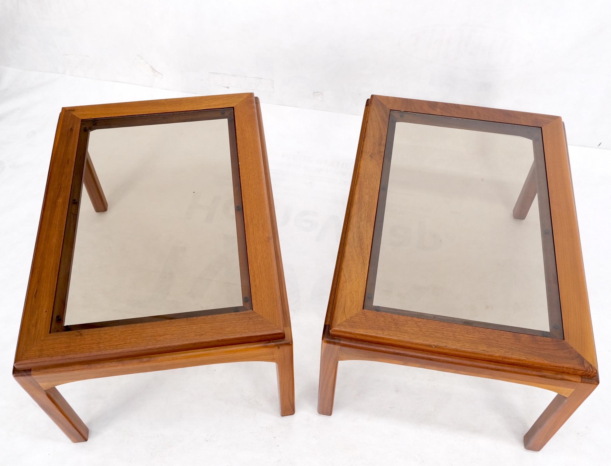 Pair Solid Oiled Walnut Smoked Glass Rectangle End Tables Stands Mid Century For Sale 5