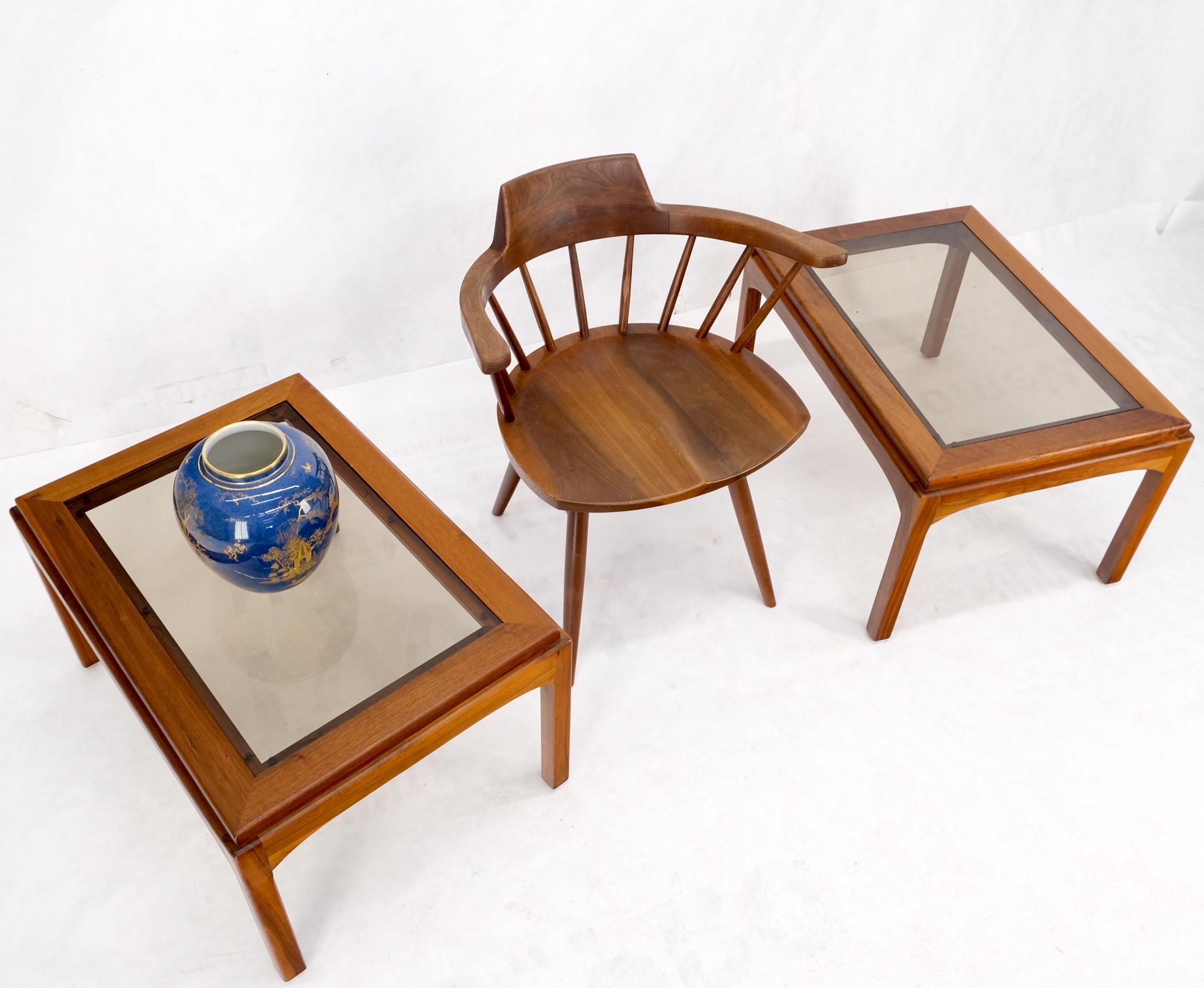 Pair solid oiled walnut smoked glass rectangle end side tables stands mid century. Stunning Set of walnut tables.