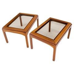 Pair Solid Oiled Walnut Smoked Glass Rectangle End Tables Stands Mid Century