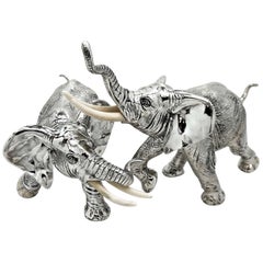 Antique Pair of Solid Silver Elephant Models Figures German circa 1930 Large