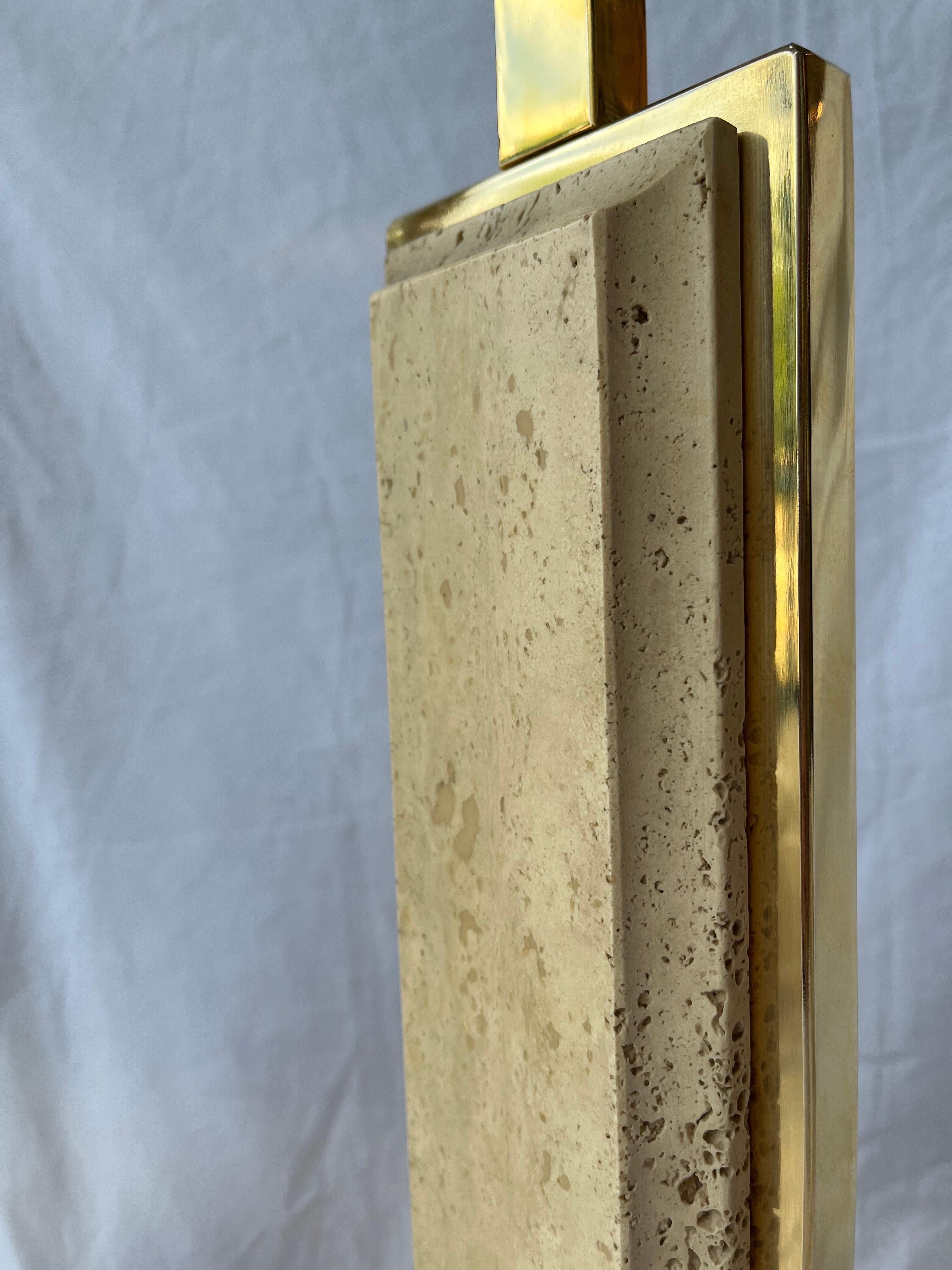 Pair Solid Tall Vintage Architectural Travertine Gilt Chrome French Table Lamps 8