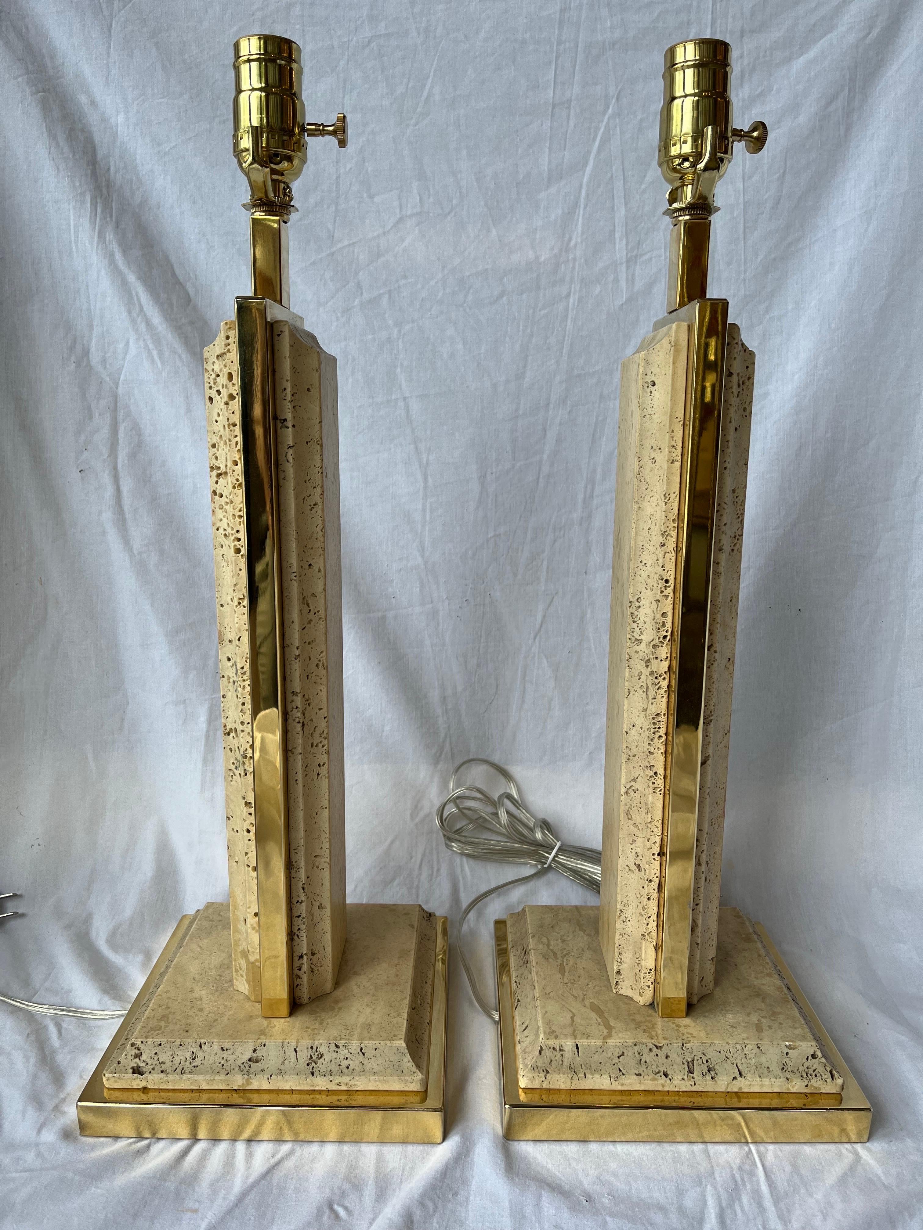 Pair Solid Tall Vintage Architectural Travertine Gilt Chrome French Table Lamps In Good Condition In Atlanta, GA