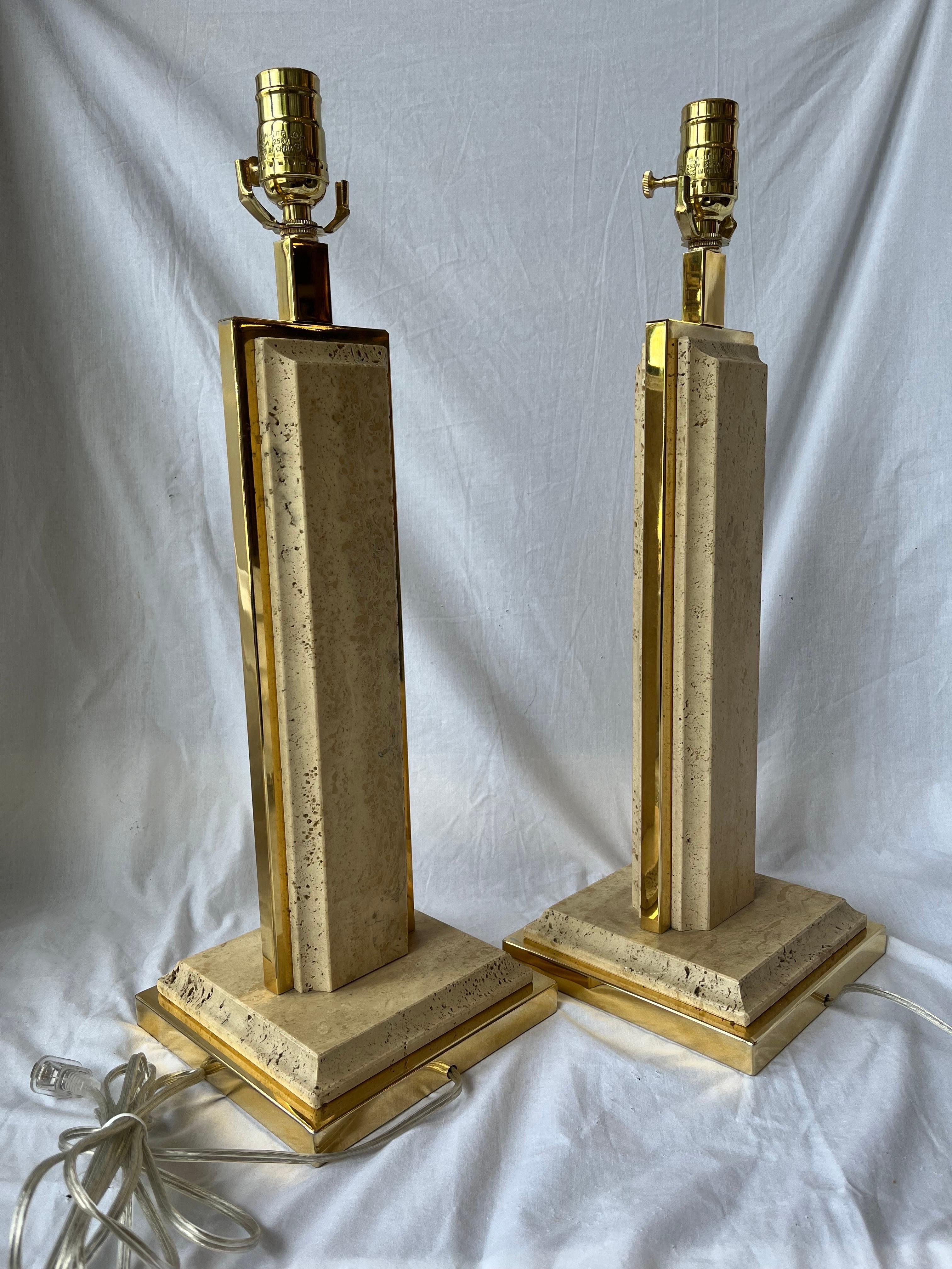 20th Century Pair Solid Tall Vintage Architectural Travertine Gilt Chrome French Table Lamps