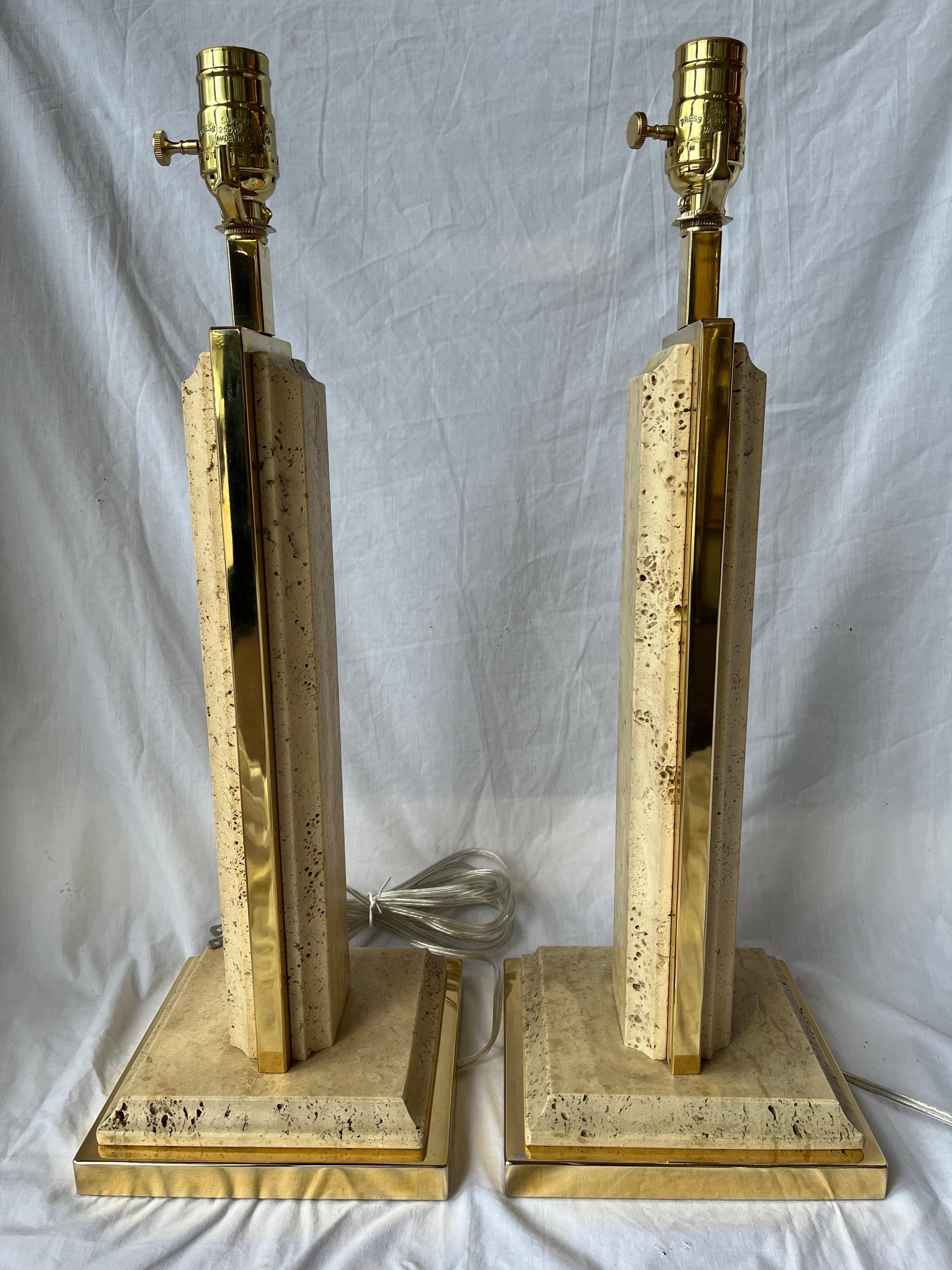 Metal Pair Solid Tall Vintage Architectural Travertine Gilt Chrome French Table Lamps