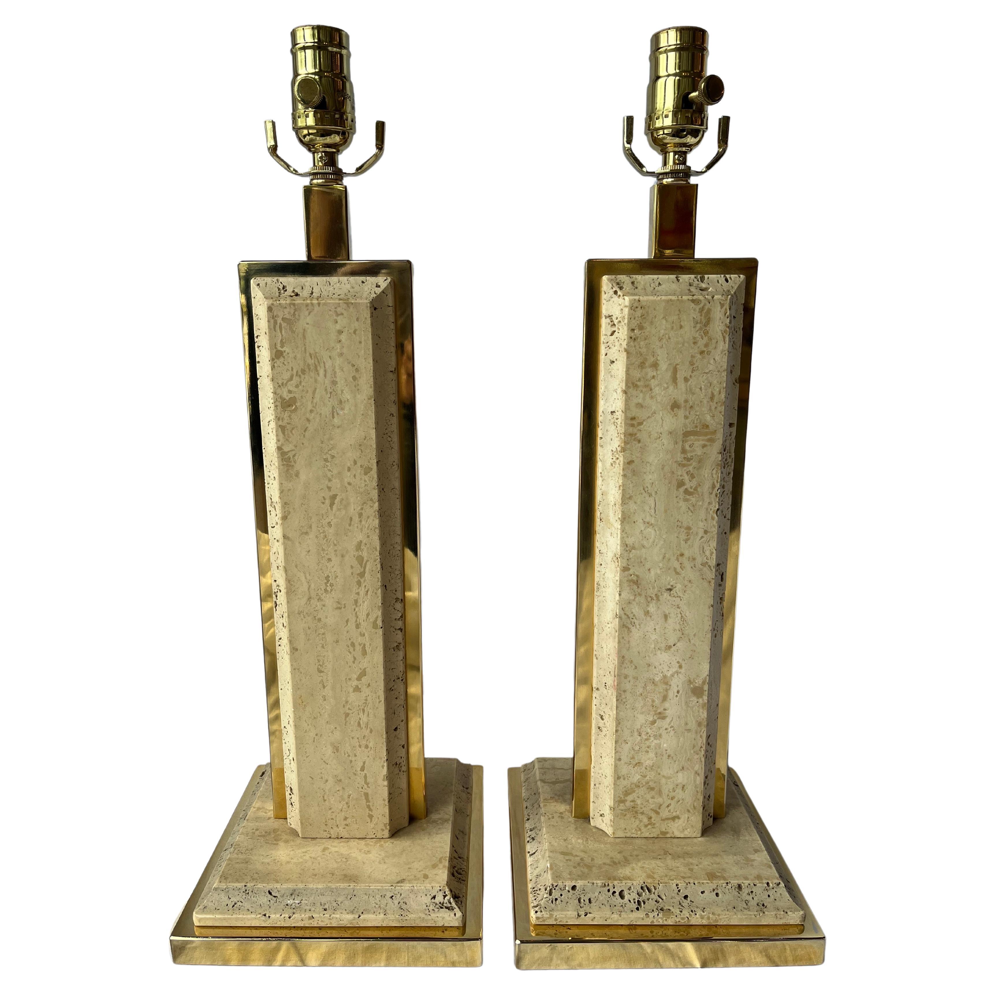 Pair Solid Tall Vintage Architectural Travertine Gilt Chrome French Table Lamps