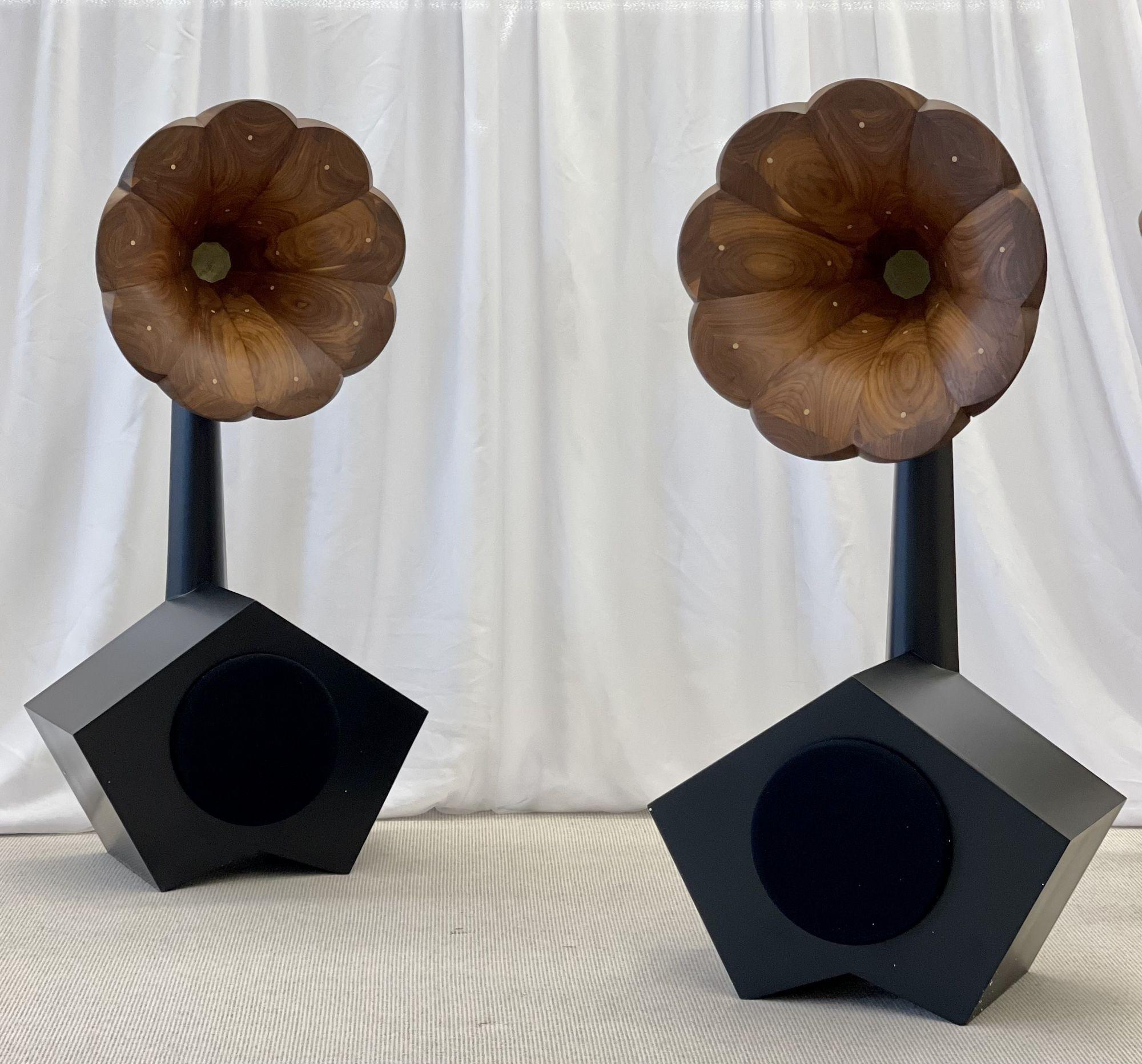 Pair solid wood horn floor standing high fidelity speakers Model FS-1 by A for Ara. Available immediately
 
A fine walnut dot inlaid horn on an ebony base with amplifier. 
 
An embrace with the art of high fidelity sound. Aesthetically inspired,