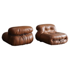 Pair Soriana lounge chairs in cognac leather by Tobia Scarpa for Cassina