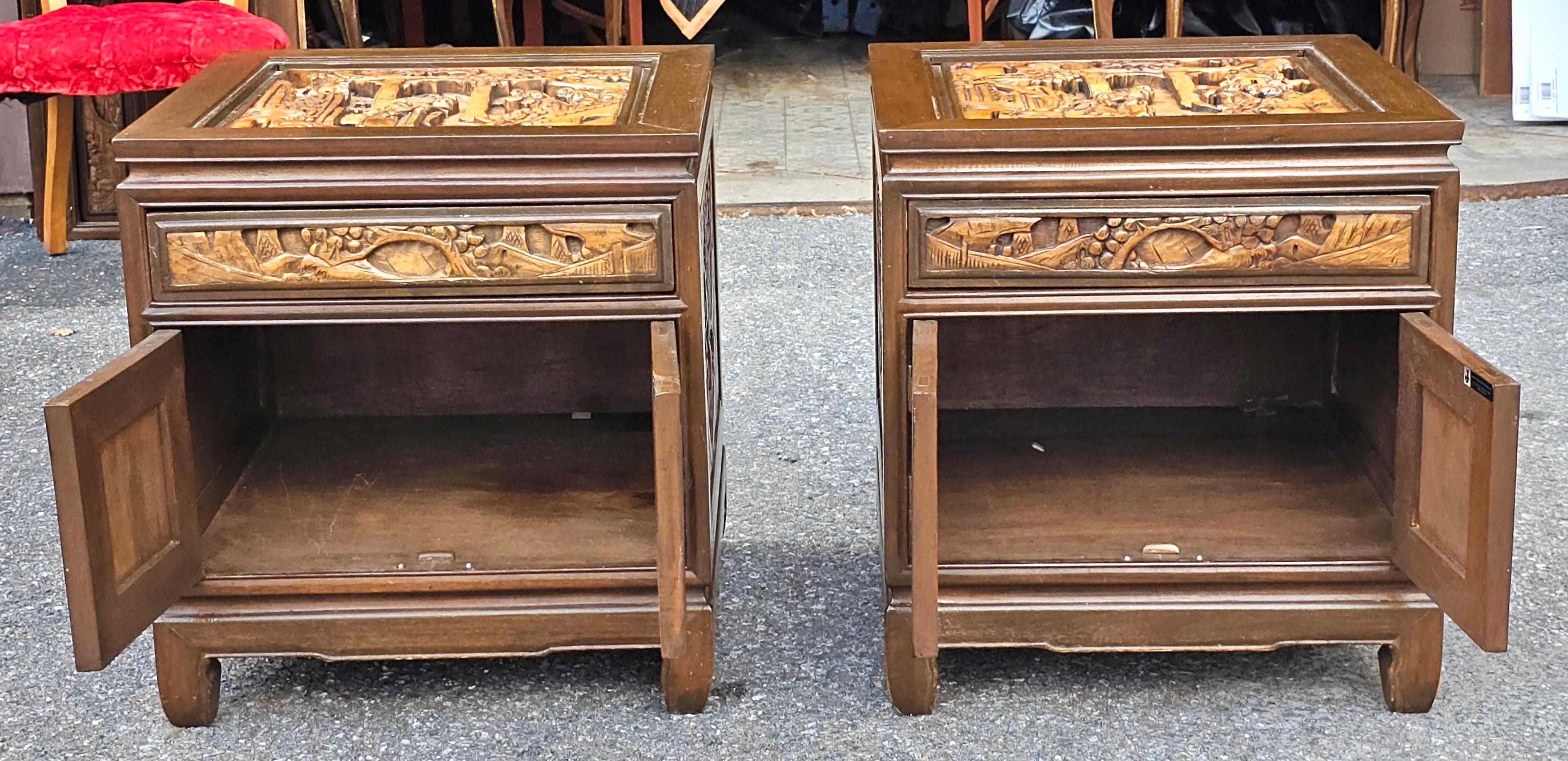 Pair South East Asian Hand-Carved Single Side Table Cabinets w/ Glass Top Inset For Sale 4