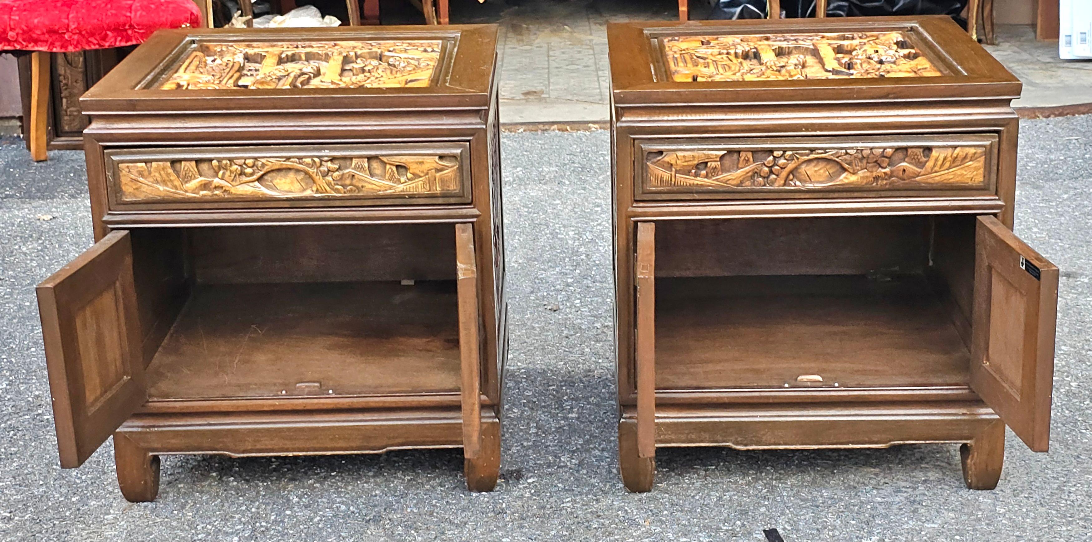 Pair South East Asian Hand-Carved Single Side Table Cabinets w/ Glass Top Inset For Sale 5
