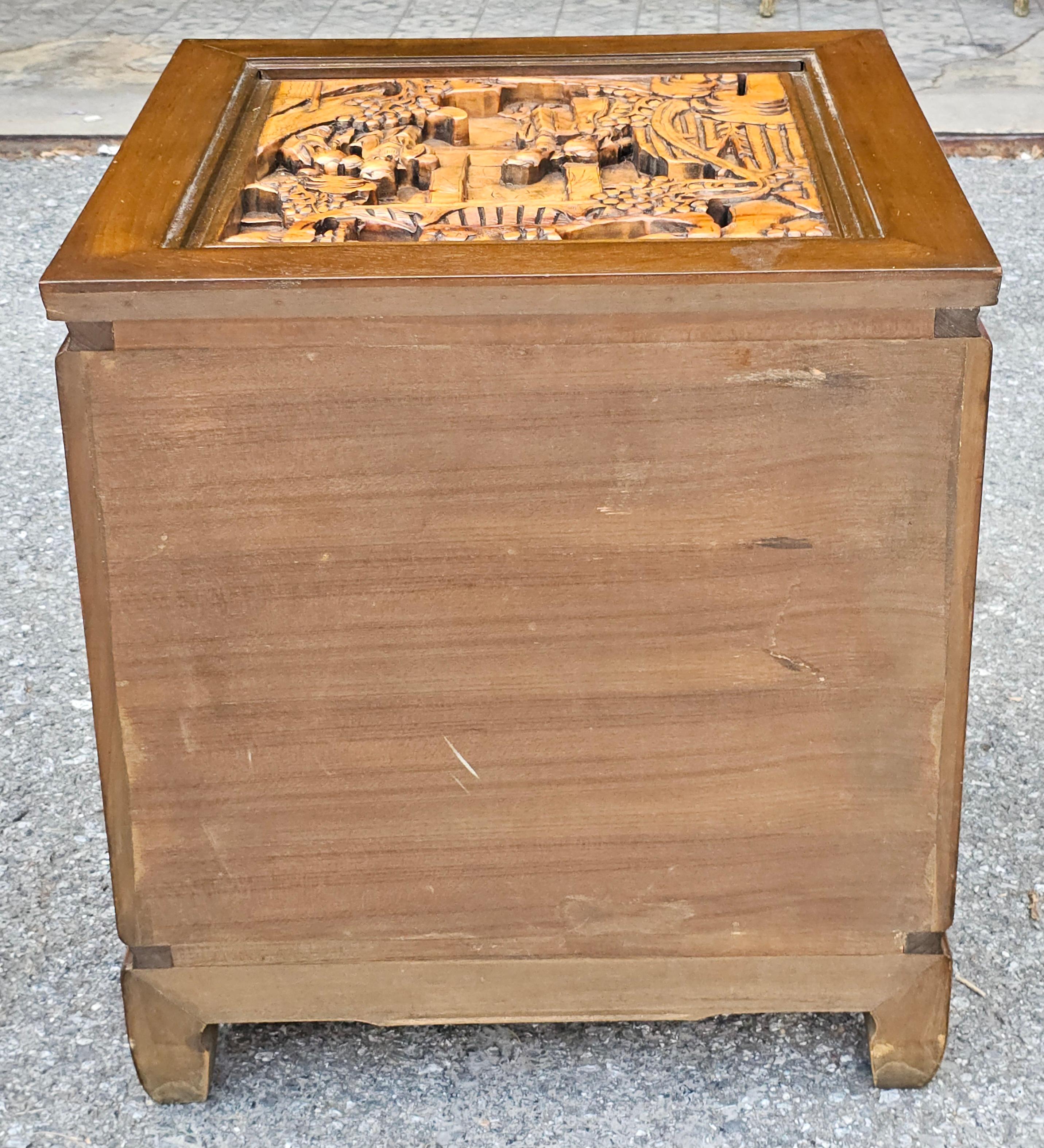 Pair South East Asian Hand-Carved Single Side Table Cabinets w/ Glass Top Inset For Sale 6