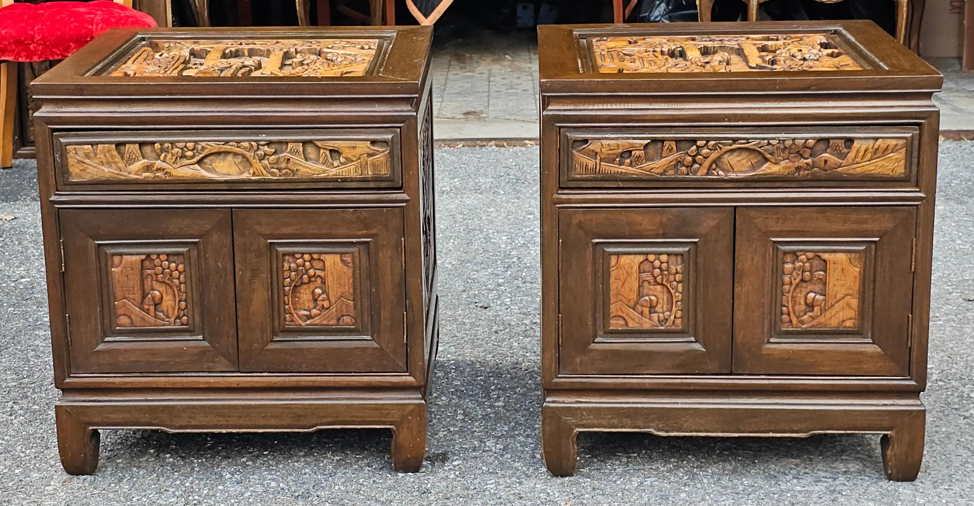 A Pair South East Asian Hand-Carved Single Side Table Cabinets w/ Glass Top Inset
Dovetail drawer with  sleek, built-in handle.
Measures 22