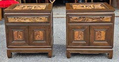 Pair South East Asian Hand-Carved Single Side Table Cabinets w/ Glass Top Inset
