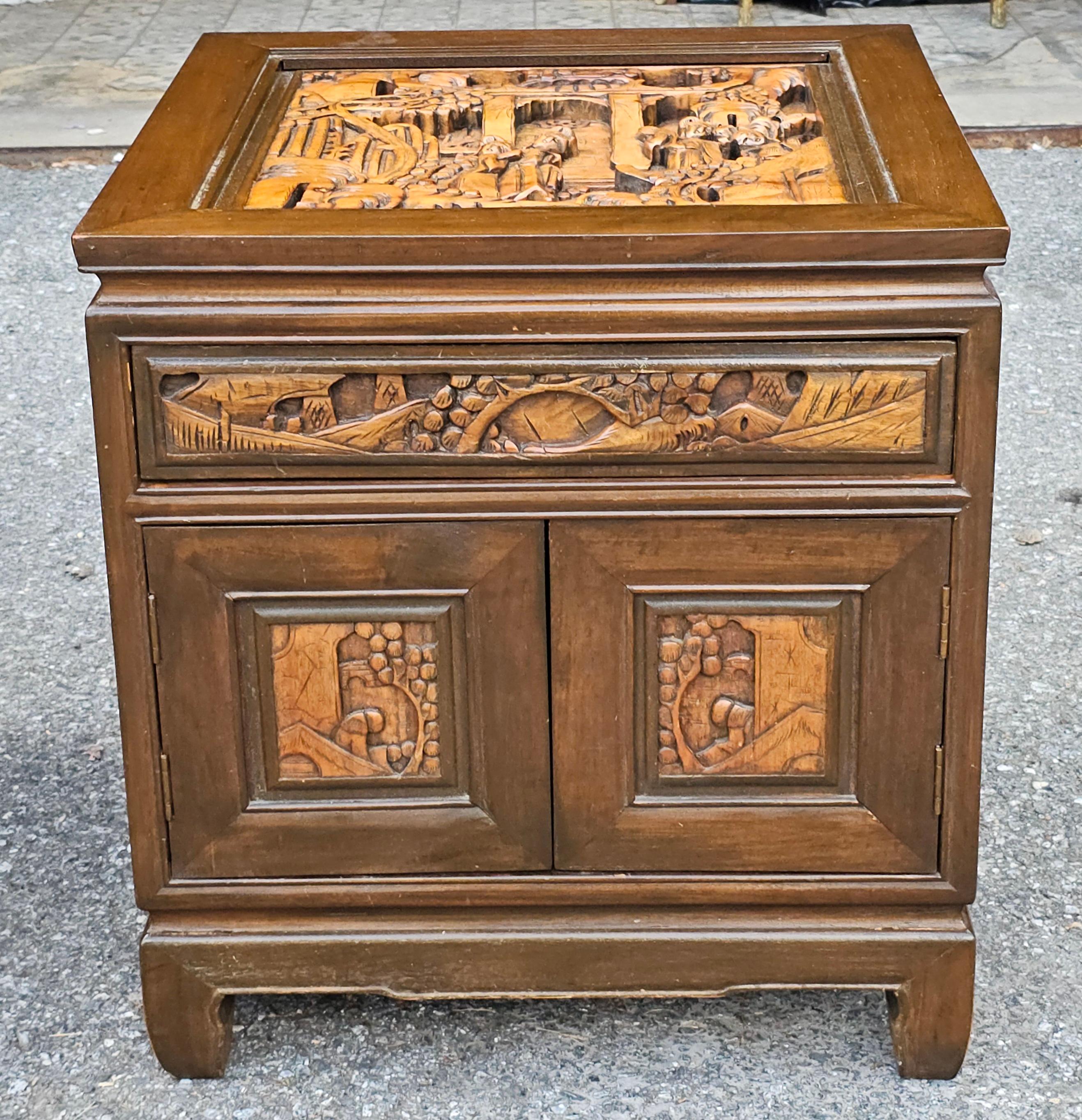 Tang Pair South East Asian Hand-Carved Single Side Table Cabinets w/ Glass Top Inset For Sale