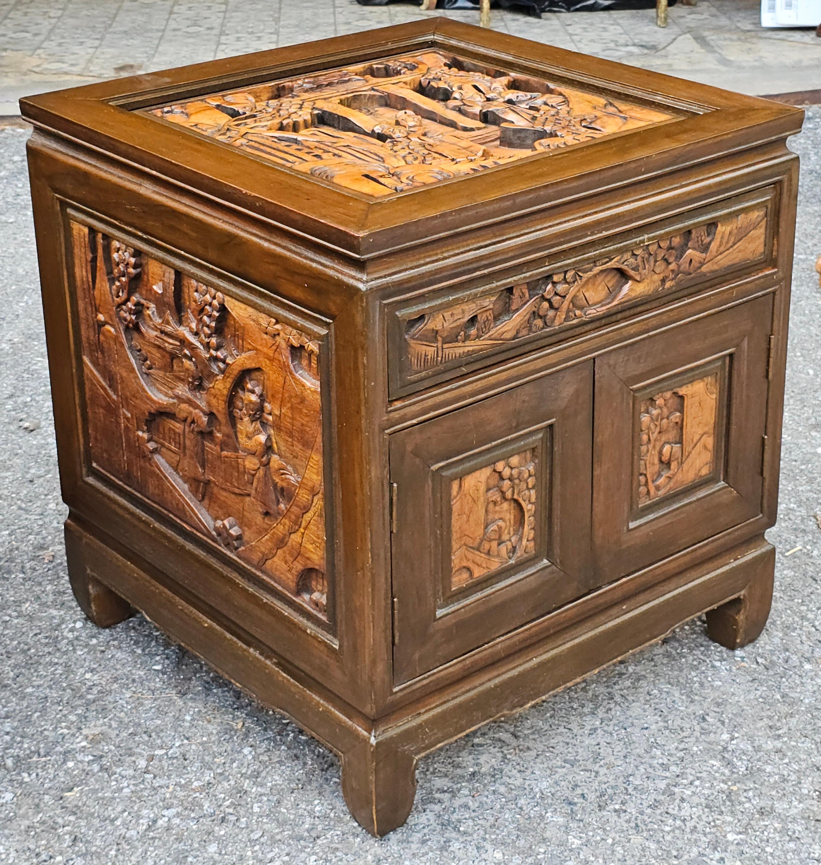 Chinese Pair South East Asian Hand-Carved Single Side Table Cabinets w/ Glass Top Inset For Sale