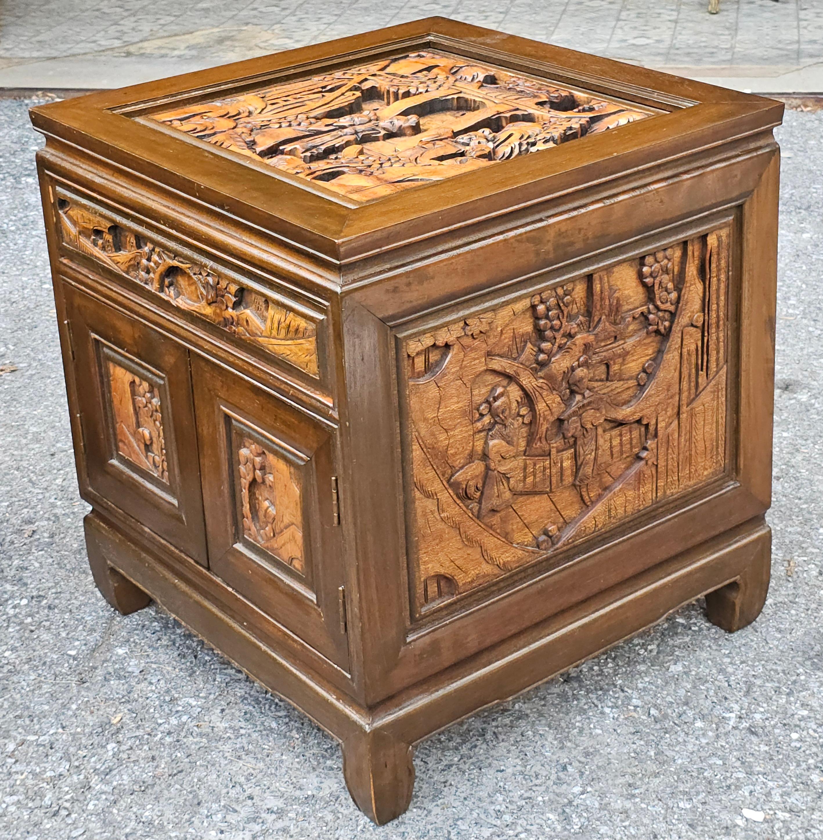 Pair South East Asian Hand-Carved Single Side Table Cabinets w/ Glass Top Inset In Good Condition For Sale In Germantown, MD