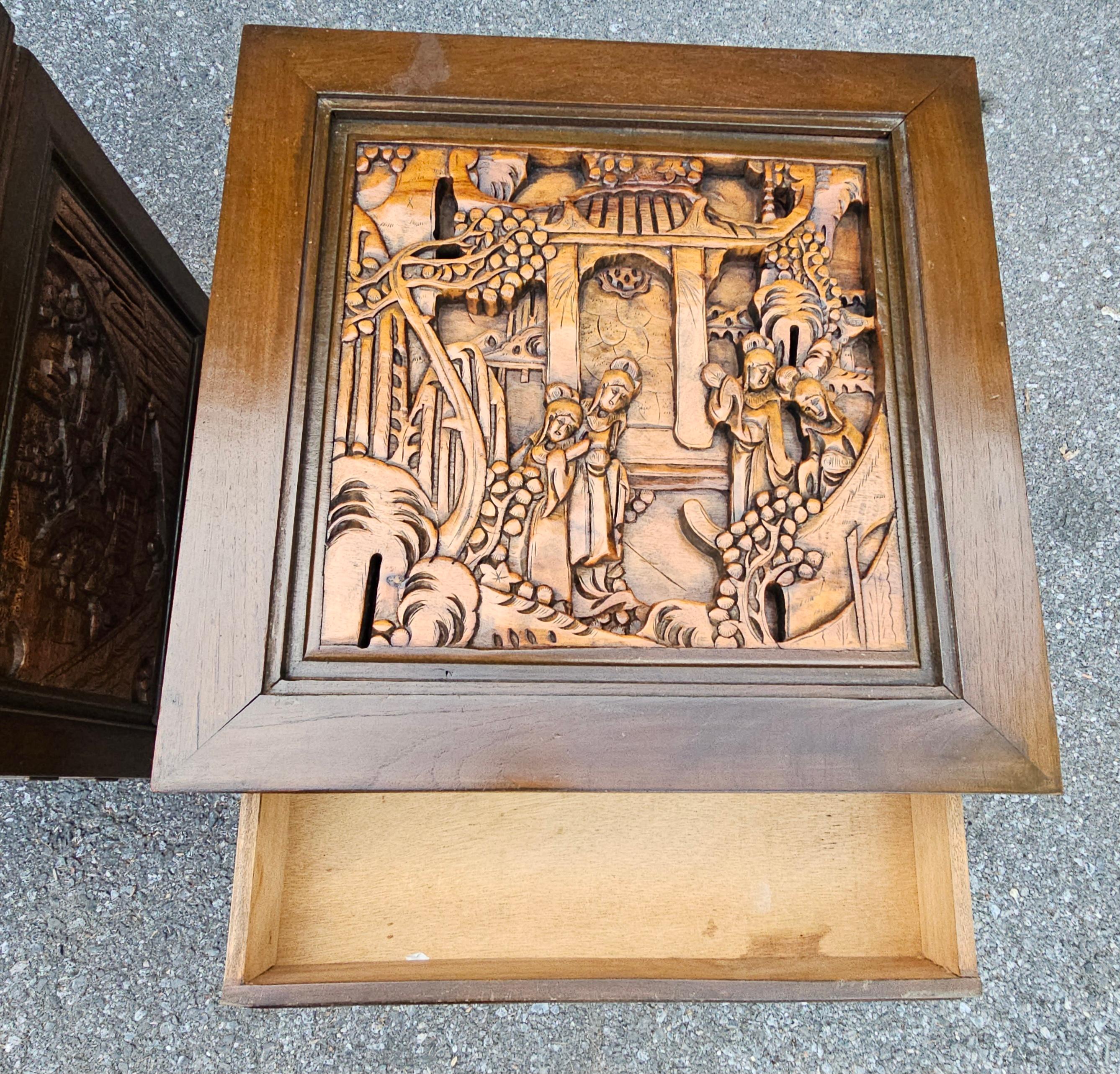 20th Century Pair South East Asian Hand-Carved Single Side Table Cabinets w/ Glass Top Inset For Sale
