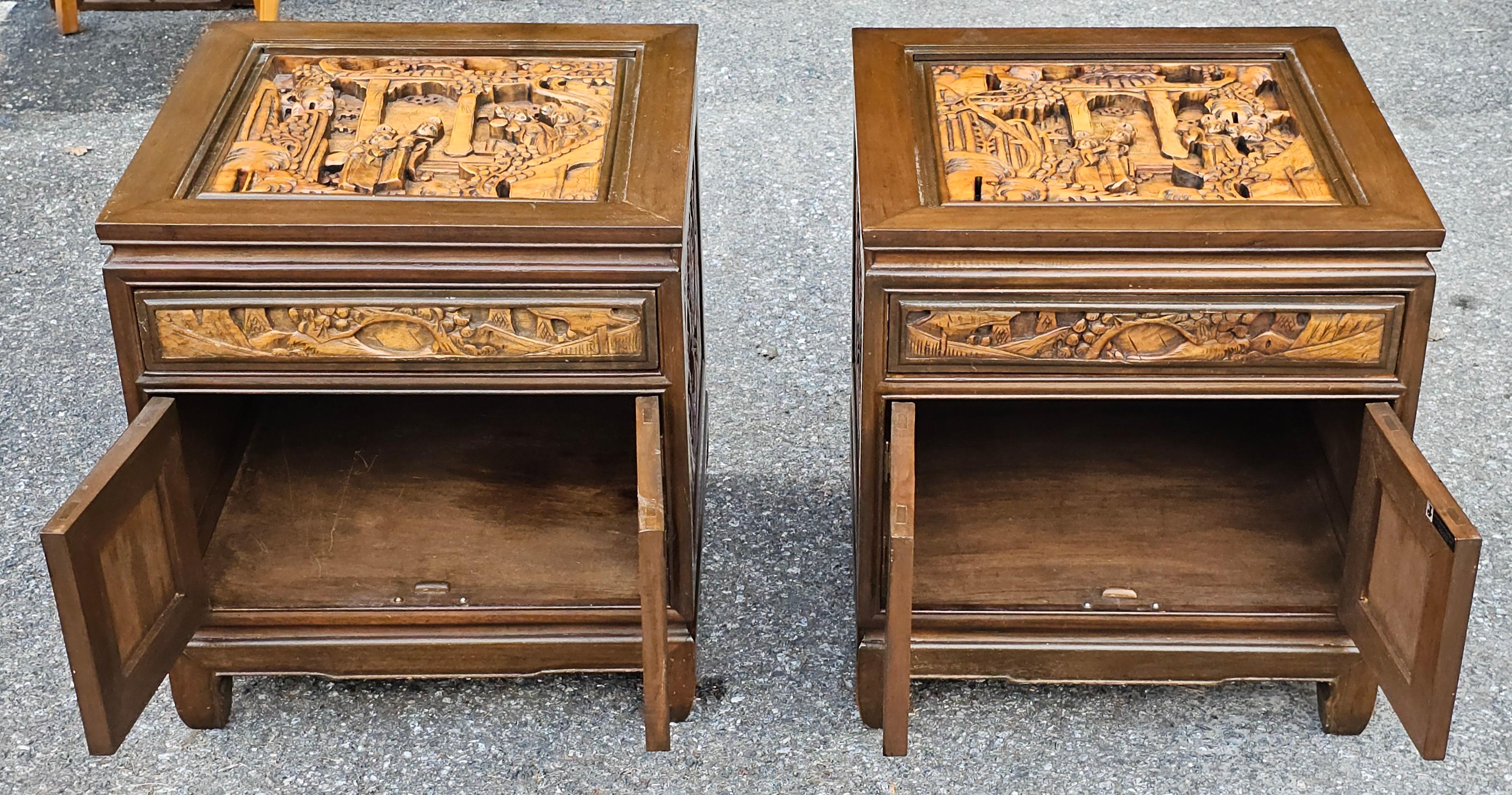 Pair South East Asian Hand-Carved Single Side Table Cabinets w/ Glass Top Inset For Sale 1