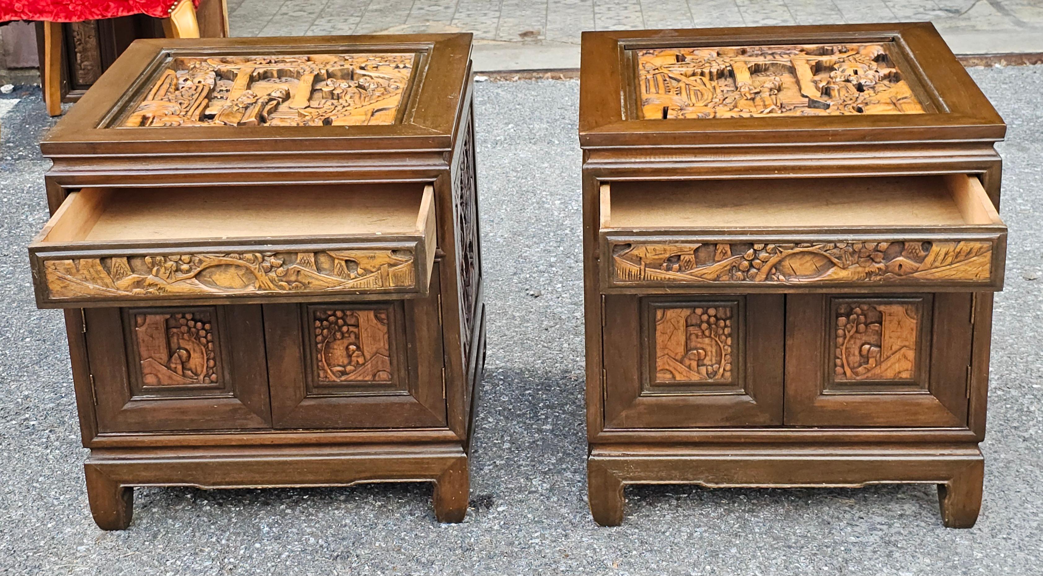 Pair South East Asian Hand-Carved Single Side Table Cabinets w/ Glass Top Inset For Sale 2