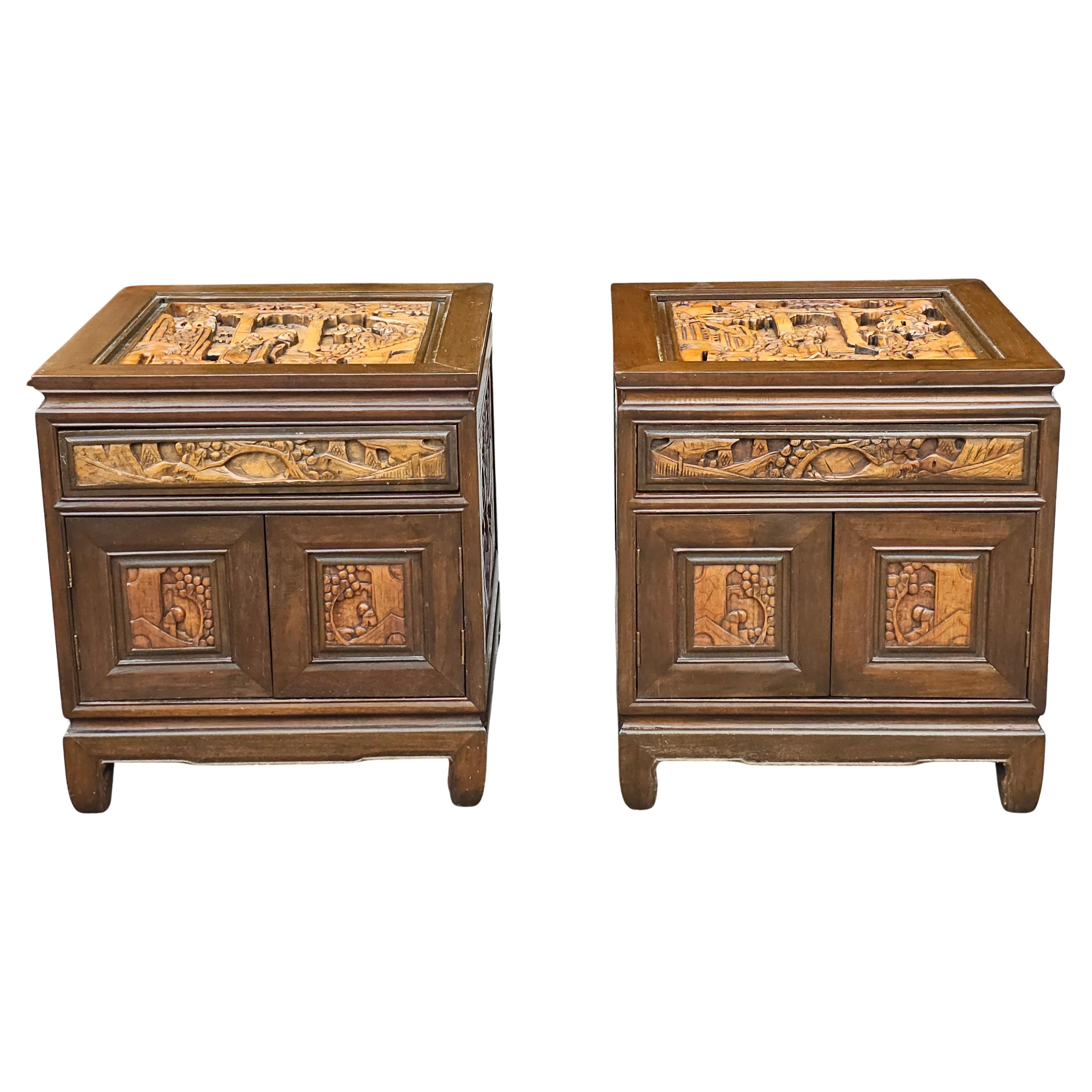 Pair South East Asian Hand-Carved Single Side Table Cabinets w/ Glass Top Inset