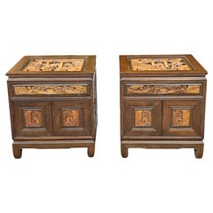Pair South East Asian Hand-Carved Single Side Table Cabinets w/ Glass Top Inset