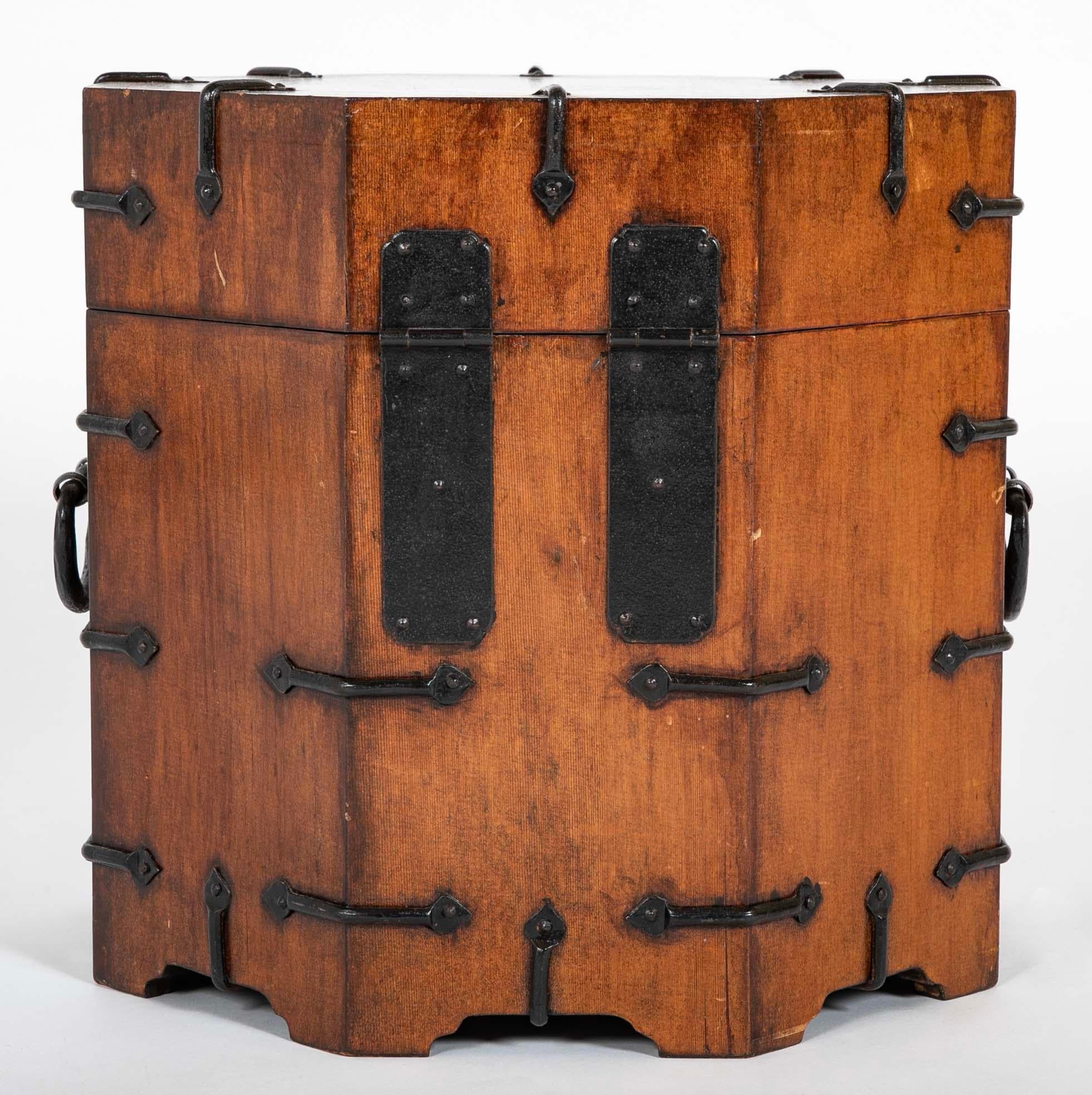 Pair South East Asian Hardwood Octagonal Side Tables With Storage, Iron Mounts For Sale 5