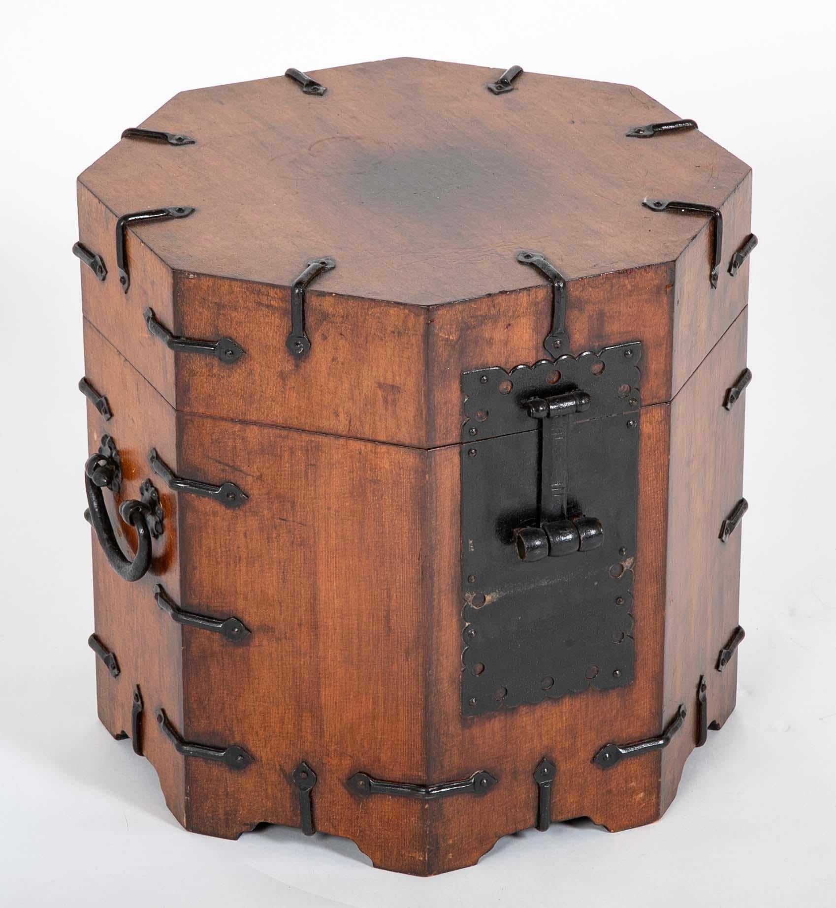 Ming Pair South East Asian Hardwood Octagonal Side Tables With Storage, Iron Mounts For Sale