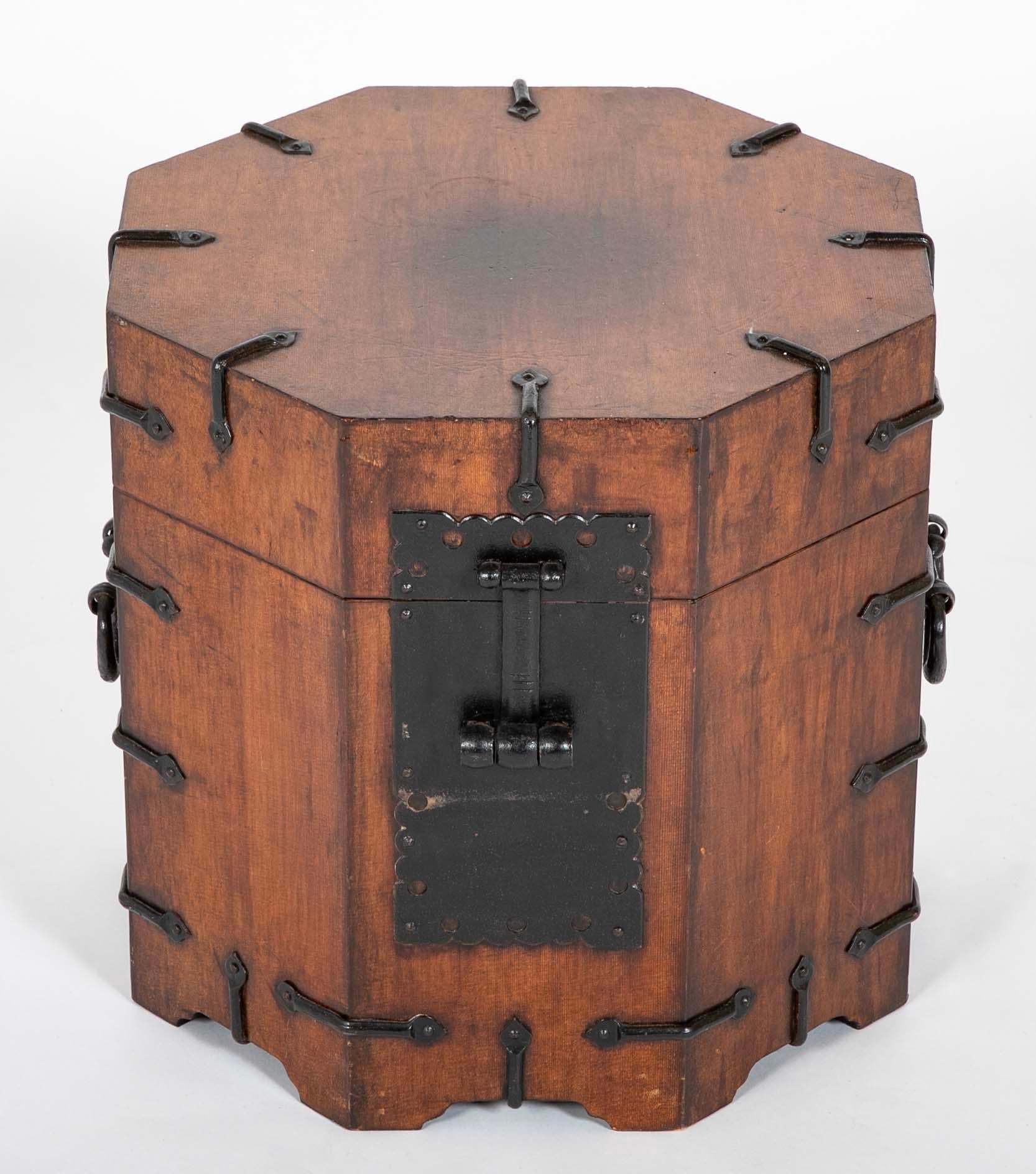 Southeast Asian Pair South East Asian Hardwood Octagonal Side Tables With Storage, Iron Mounts For Sale