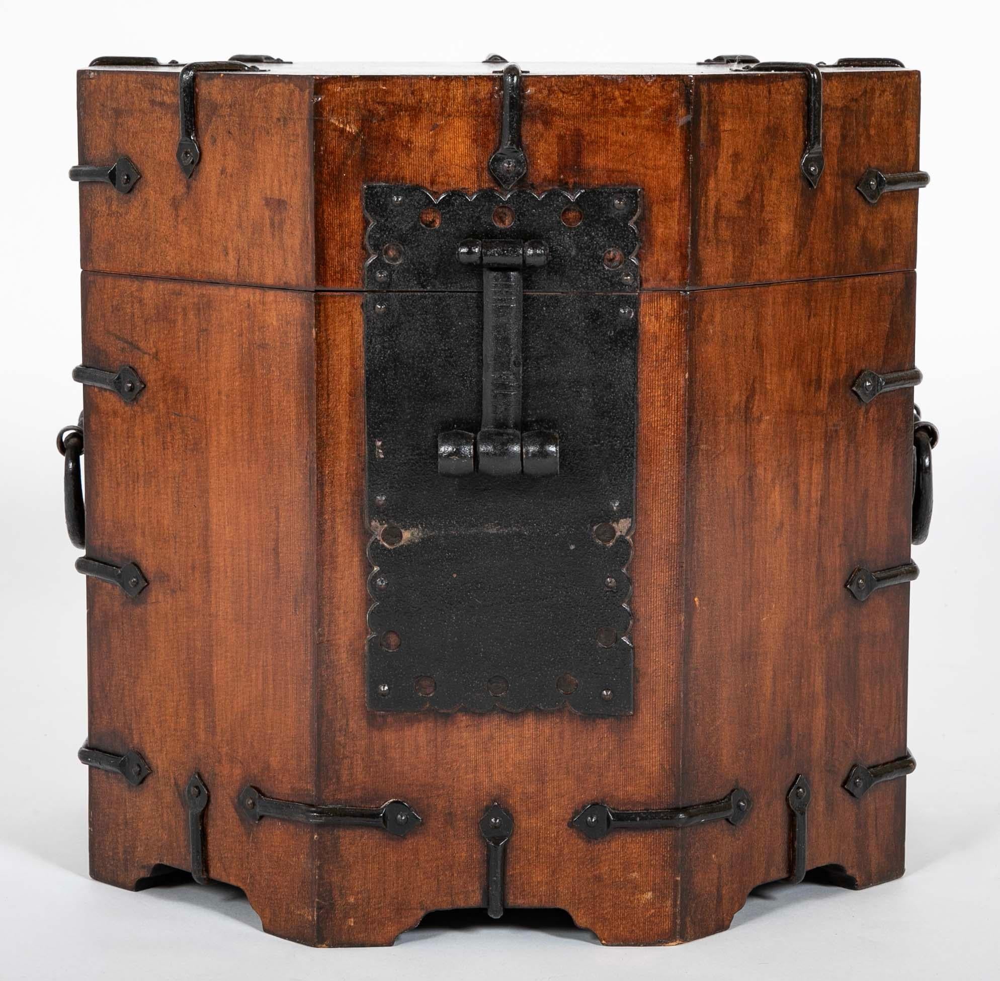 Hand-Crafted Pair South East Asian Hardwood Octagonal Side Tables With Storage, Iron Mounts For Sale