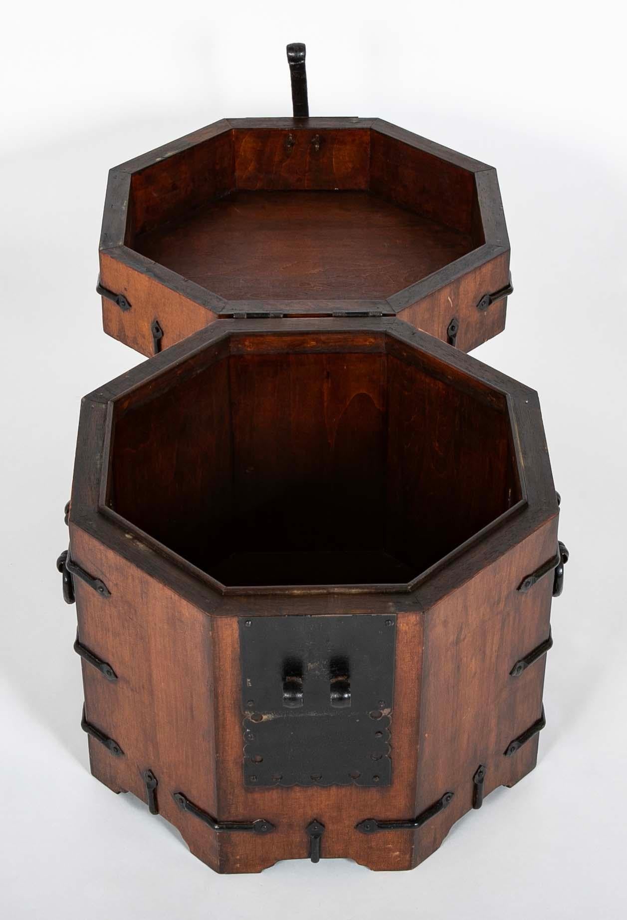 Pair South East Asian Hardwood Octagonal Side Tables With Storage, Iron Mounts In Good Condition For Sale In Stamford, CT