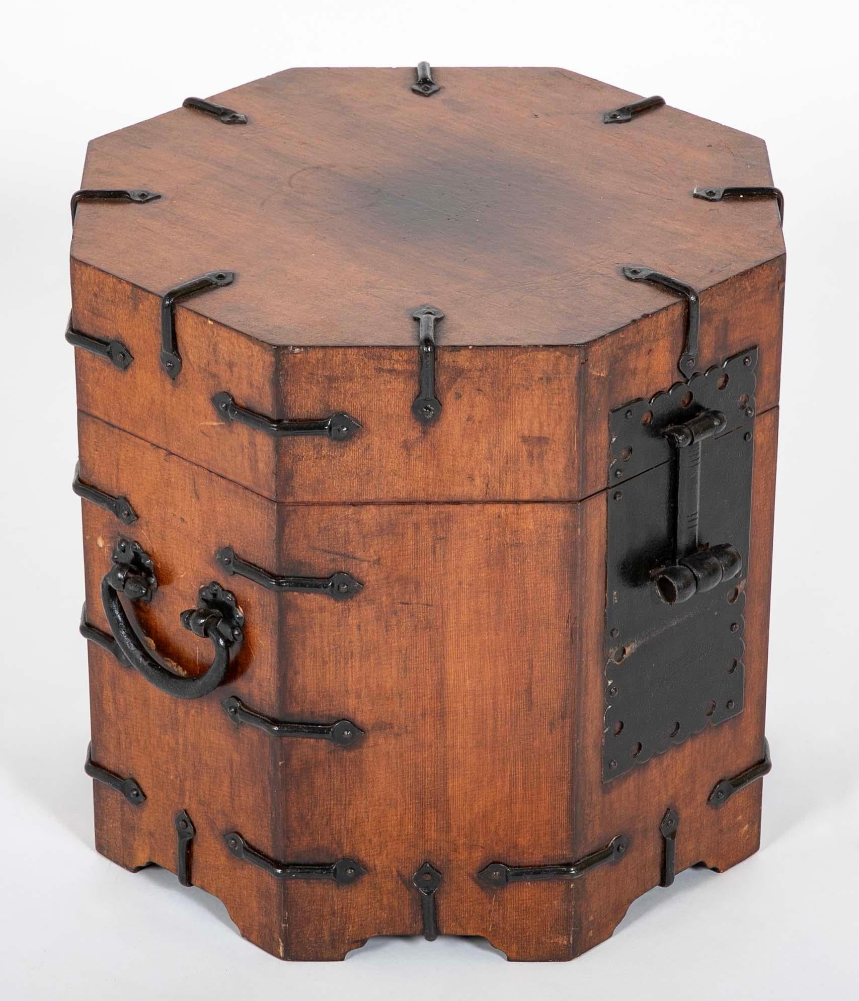 20th Century Pair South East Asian Hardwood Octagonal Side Tables With Storage, Iron Mounts For Sale