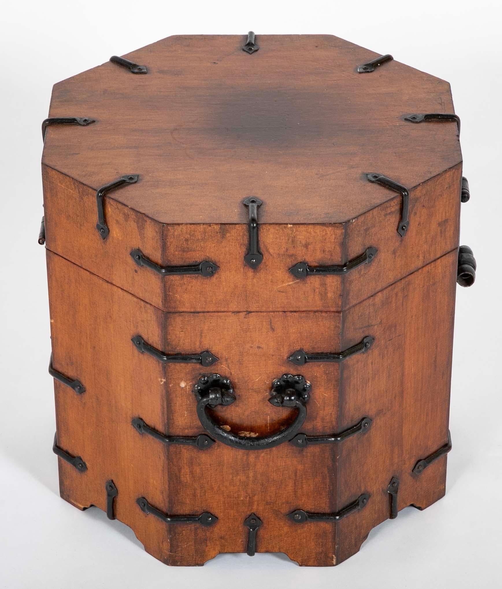 Pair South East Asian Hardwood Octagonal Side Tables With Storage, Iron Mounts For Sale 1