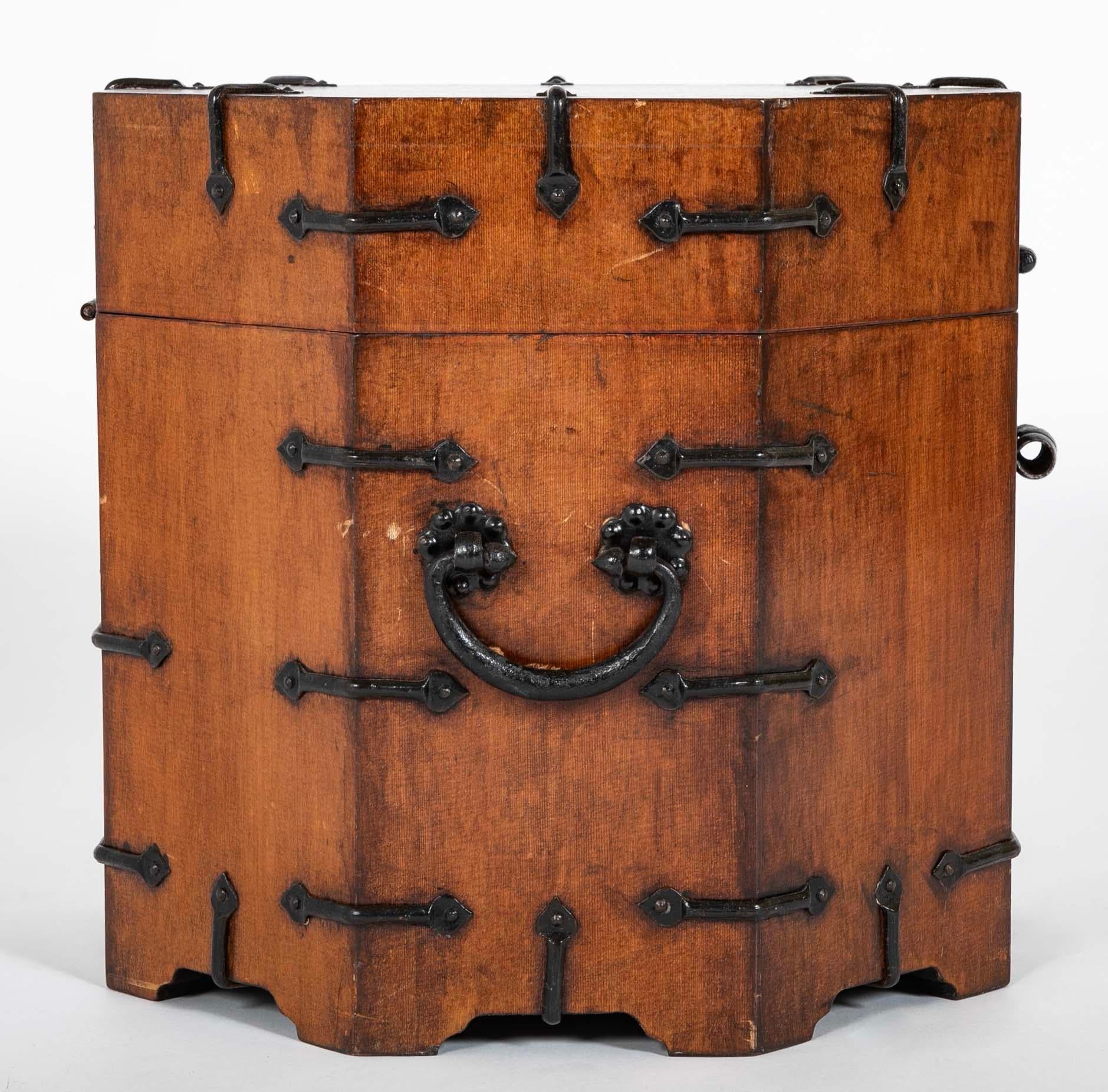 Pair South East Asian Hardwood Octagonal Side Tables With Storage, Iron Mounts For Sale 3