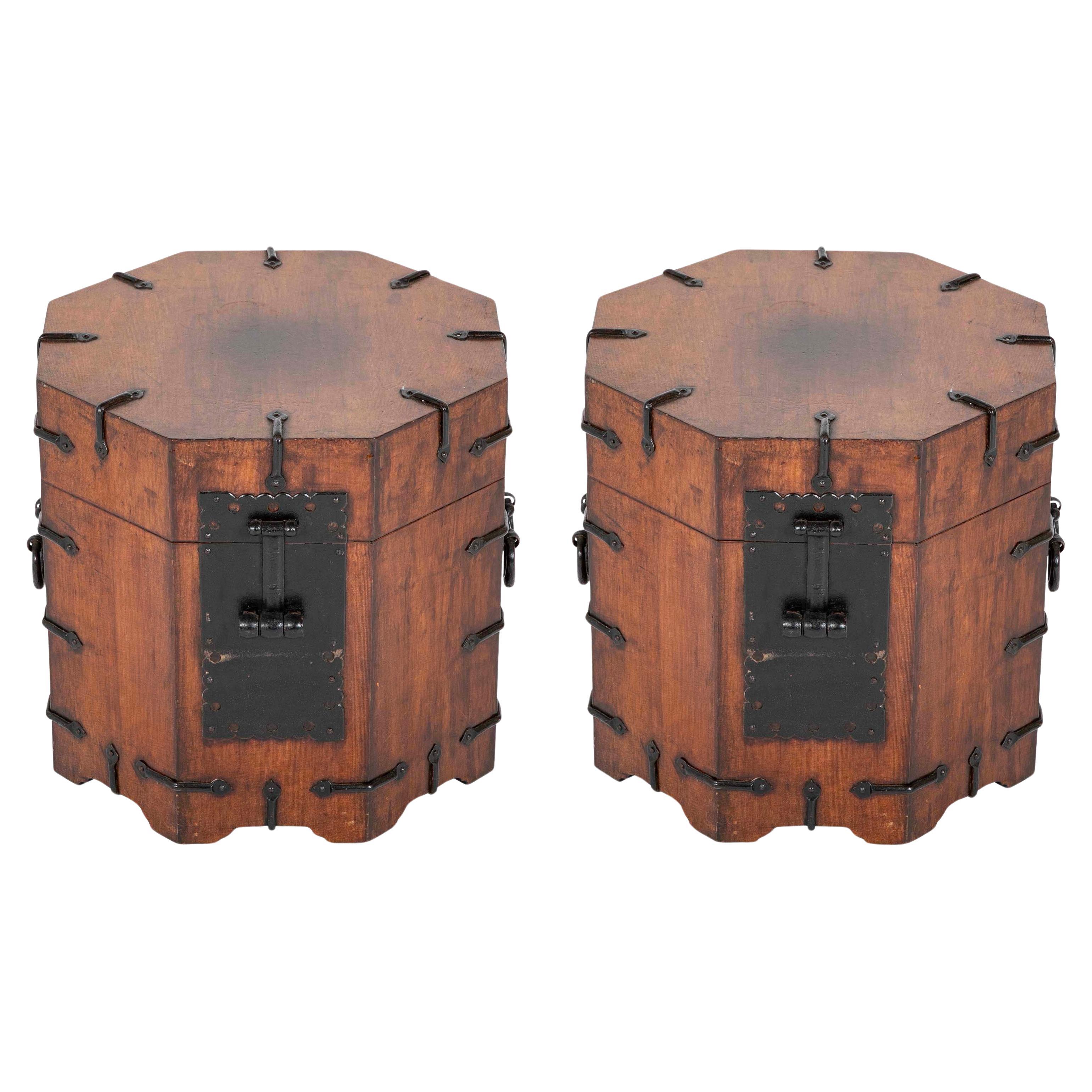 Pair South East Asian Hardwood Octagonal Side Tables With Storage, Iron Mounts For Sale