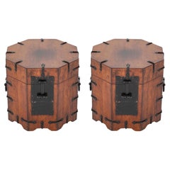 Pair South East Asian Hardwood Octagonal Side Tables With Storage, Iron Mounts