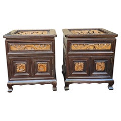 Pair Southeast Asian All-Sides Carved Fruitwood Two-Part Side Table Cabinets