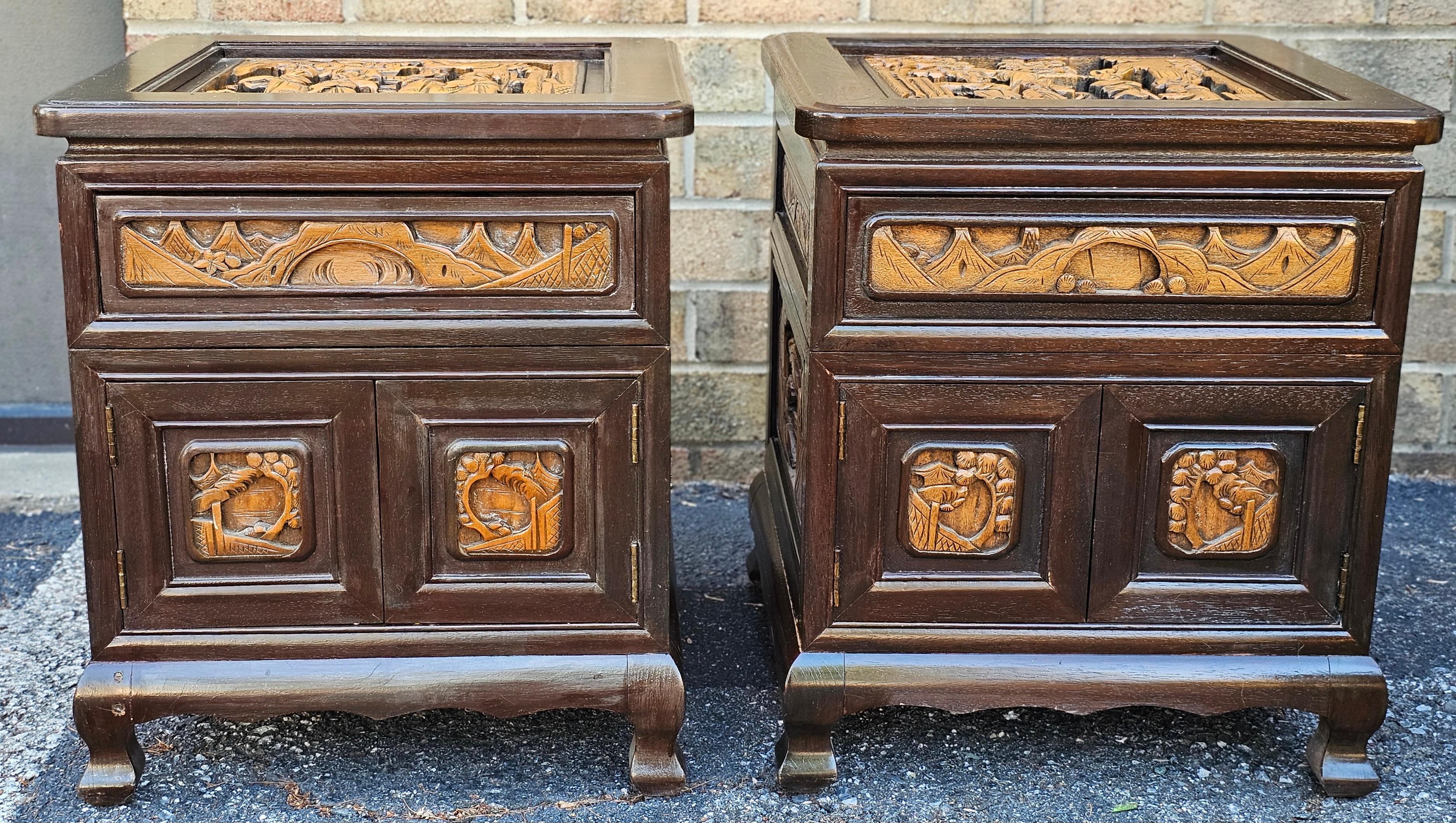 Ming Pair Southeast Asian All-Sides Carved Fruitwood Two-Part Side Table Cabinets For Sale