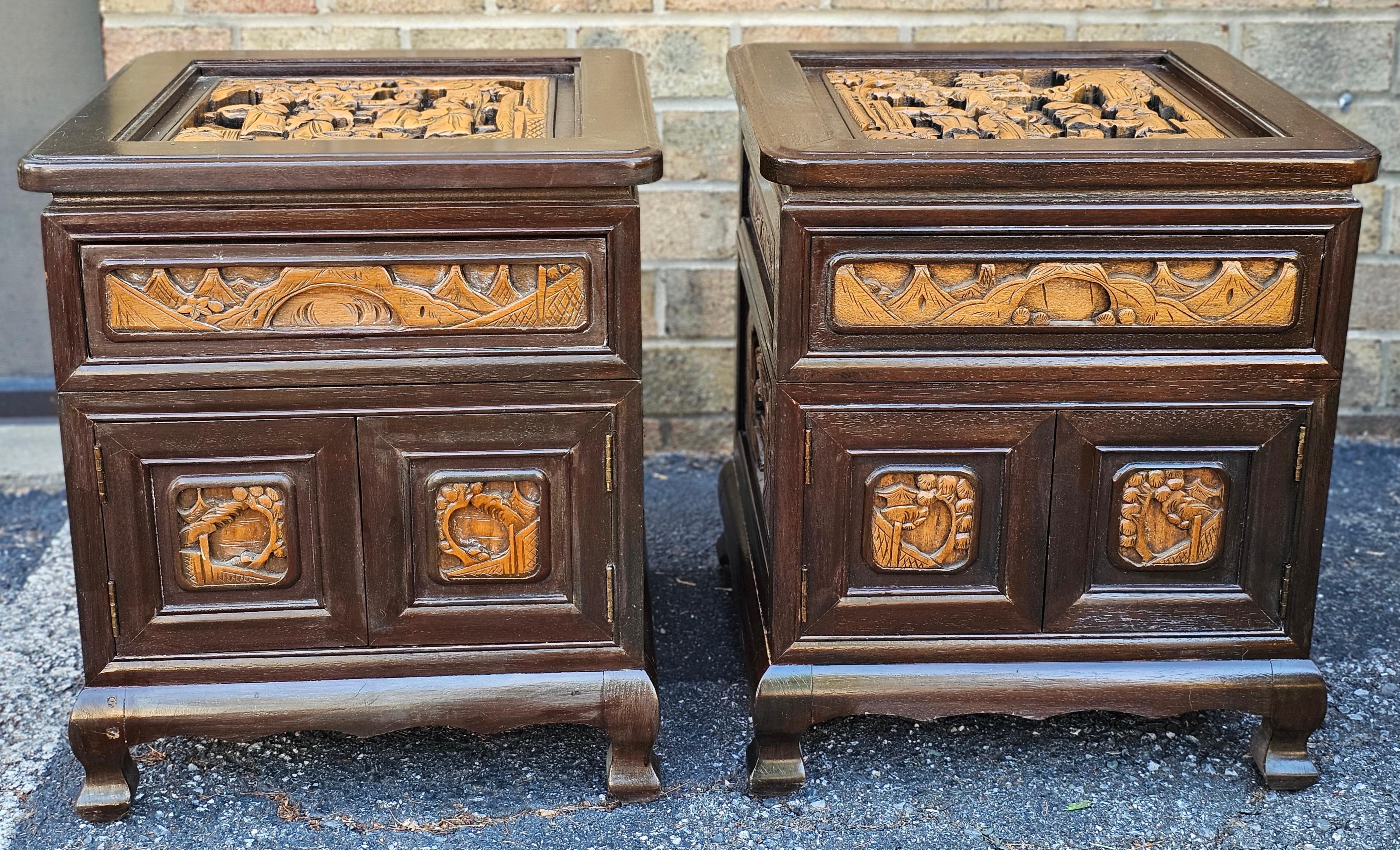 Hong Kong Pair Southeast Asian All-Sides Carved Fruitwood Two-Part Side Table Cabinets For Sale