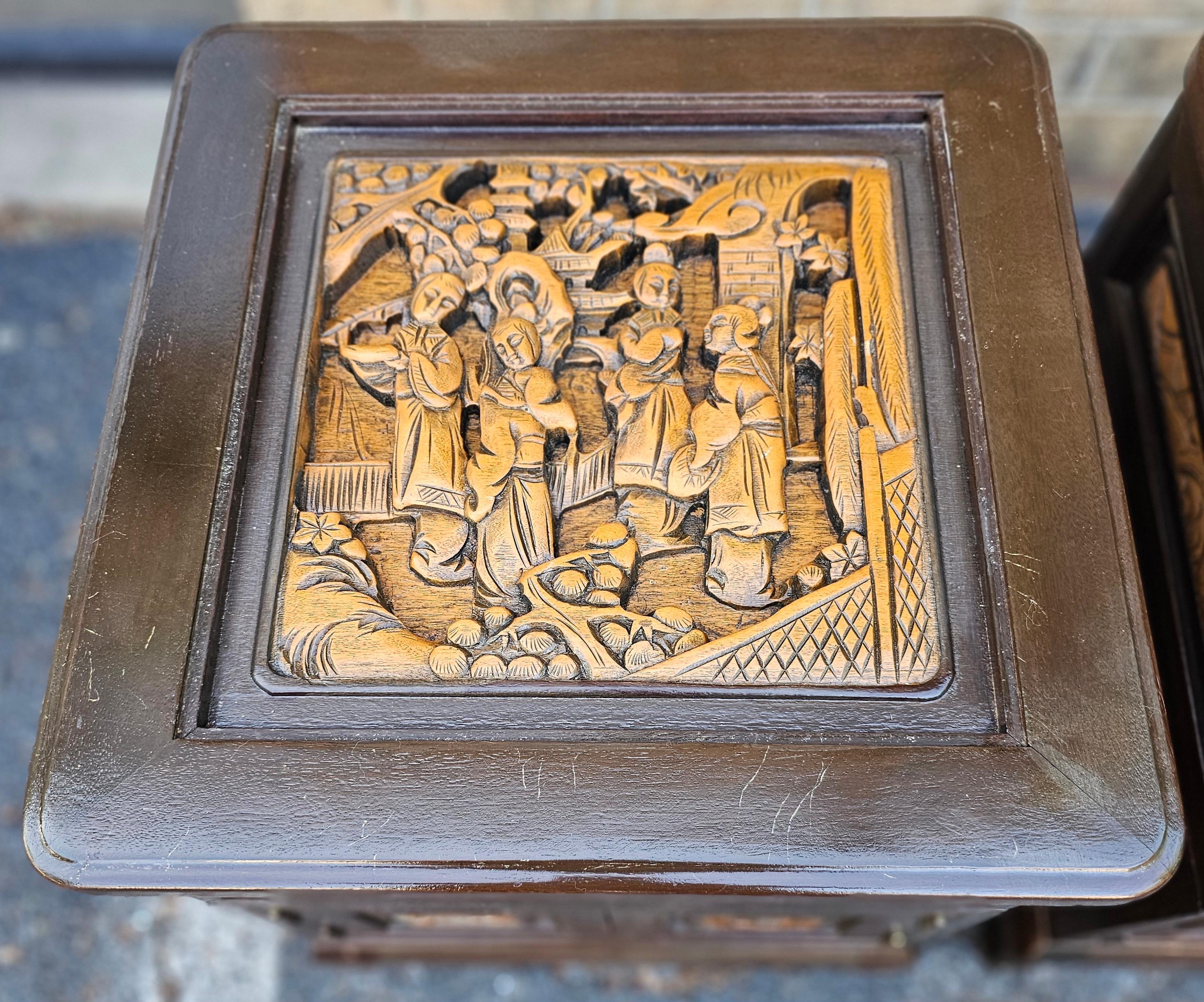 Pair Southeast Asian All-Sides Carved Fruitwood Two-Part Side Table Cabinets In Good Condition For Sale In Germantown, MD