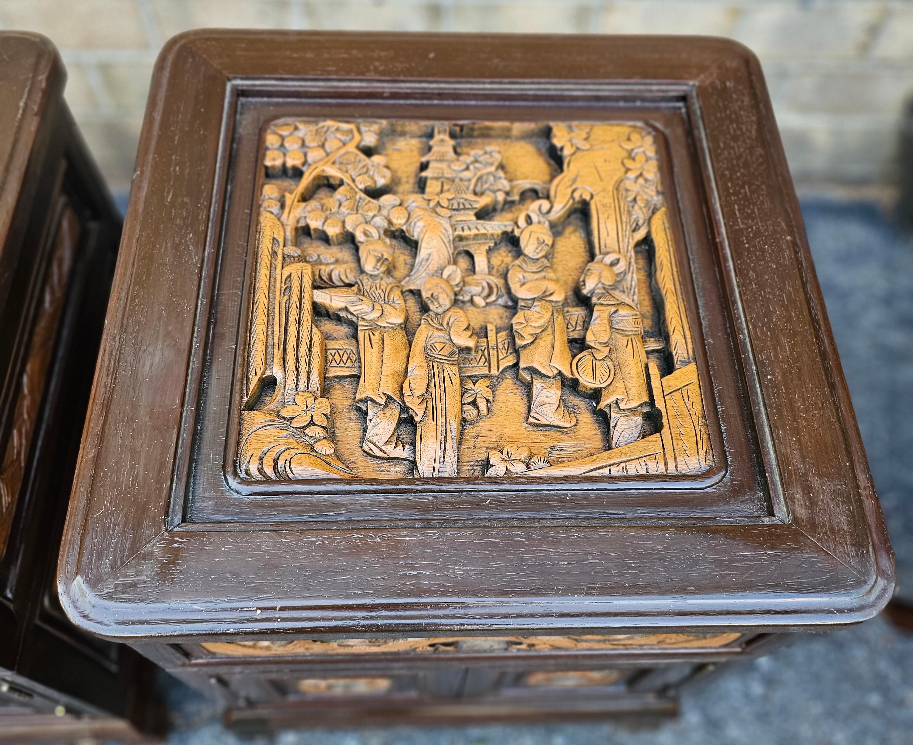 20th Century Pair Southeast Asian All-Sides Carved Fruitwood Two-Part Side Table Cabinets For Sale