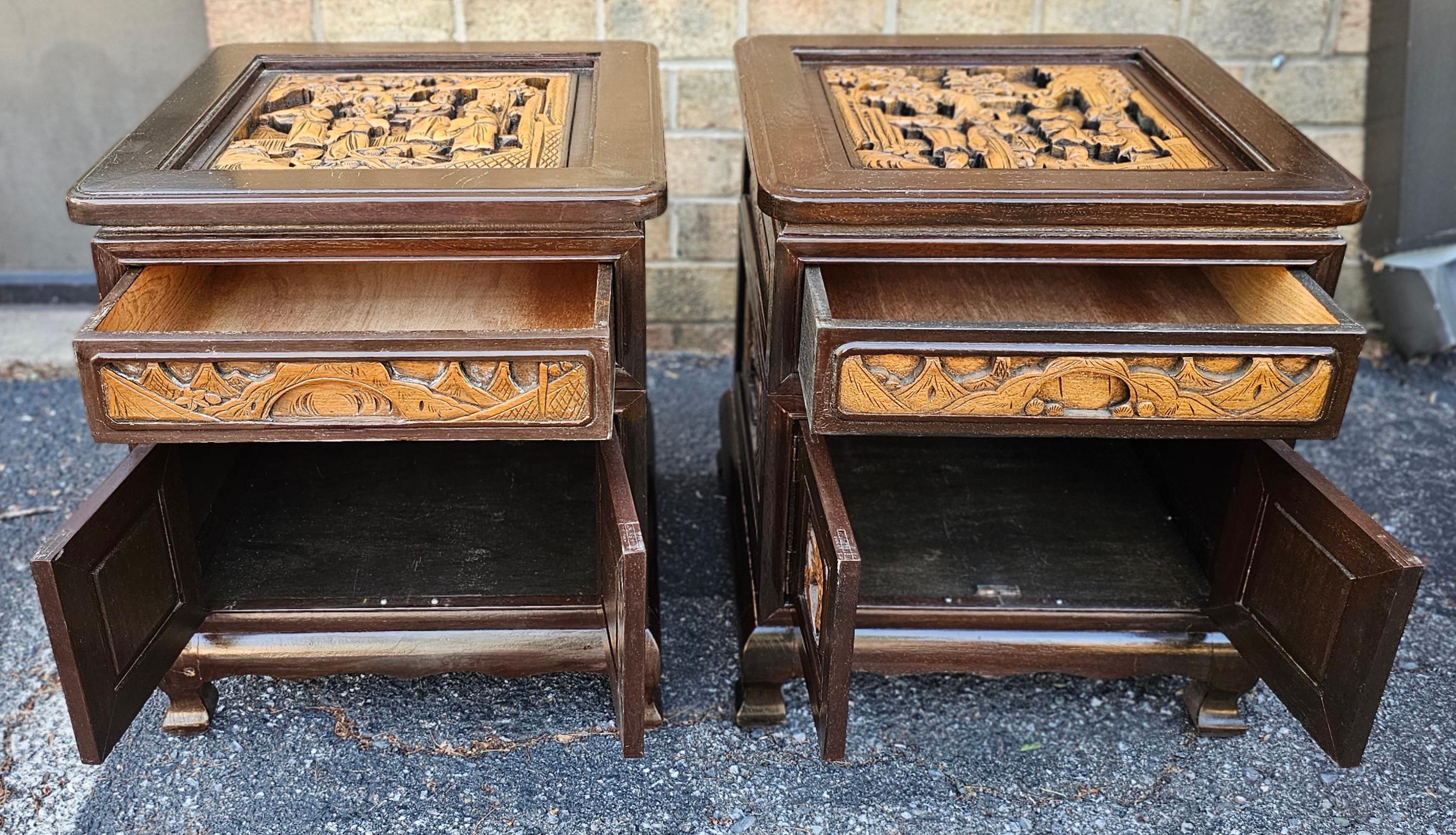 Pair Southeast Asian All-Sides Carved Fruitwood Two-Part Side Table Cabinets For Sale 2