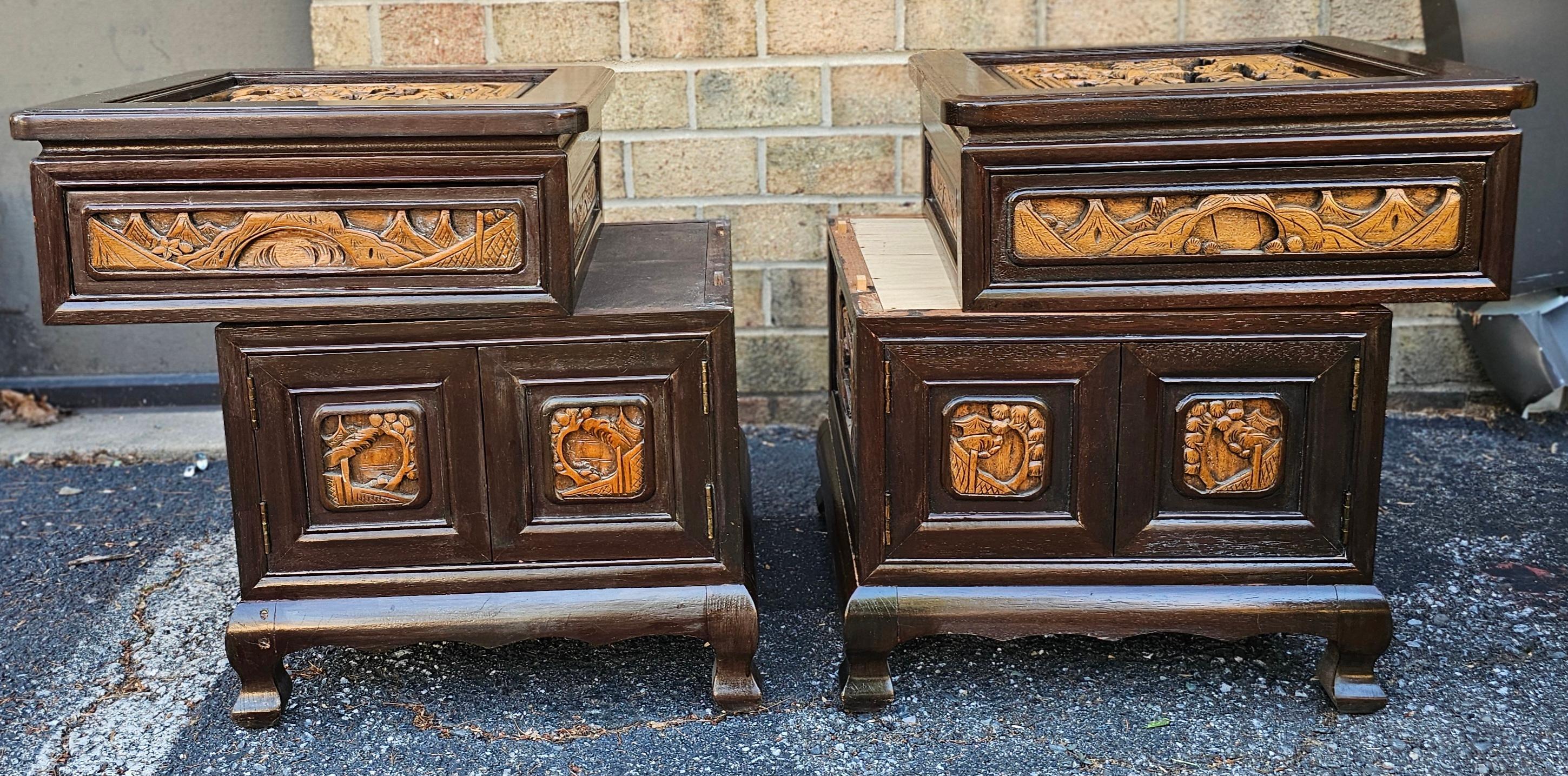 Pair Southeast Asian All-Sides Carved Fruitwood Two-Part Side Table Cabinets For Sale 3