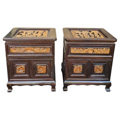 Pair Southeast Asian All-Sides Carved Fruitwood Two-Part Side Table Cabinets