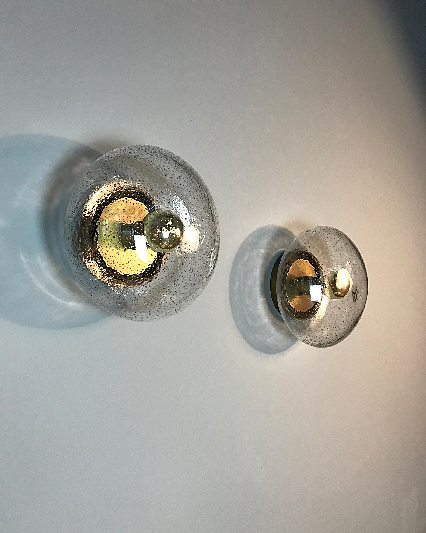 Mid-Century Modern Two Space Age Hillebrand Brass & Glass Flush Mount or Wall Lamps, 1970s, Germany