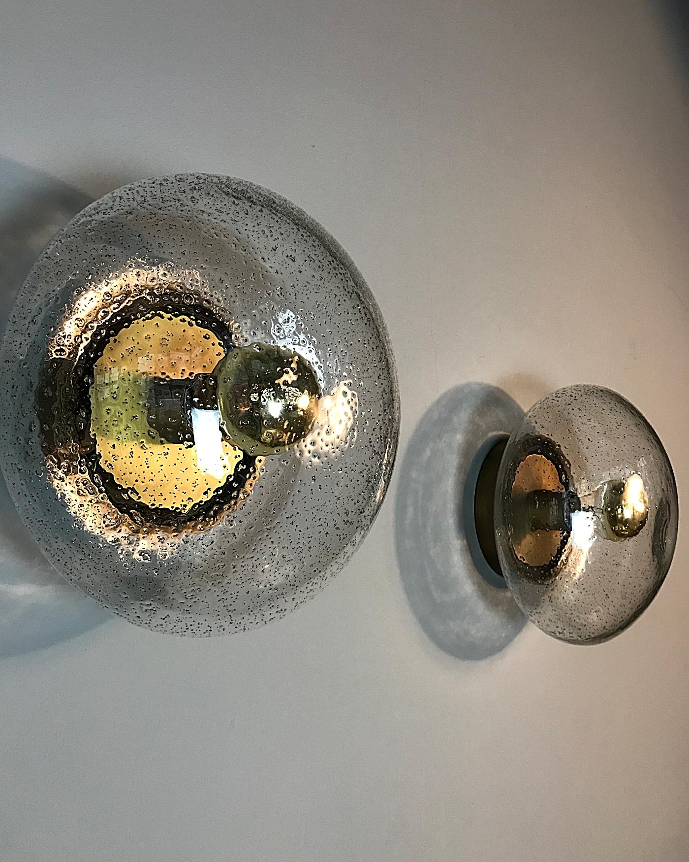 Brushed Two Space Age Hillebrand Brass & Glass Flush Mount or Wall Lamps, 1970s, Germany