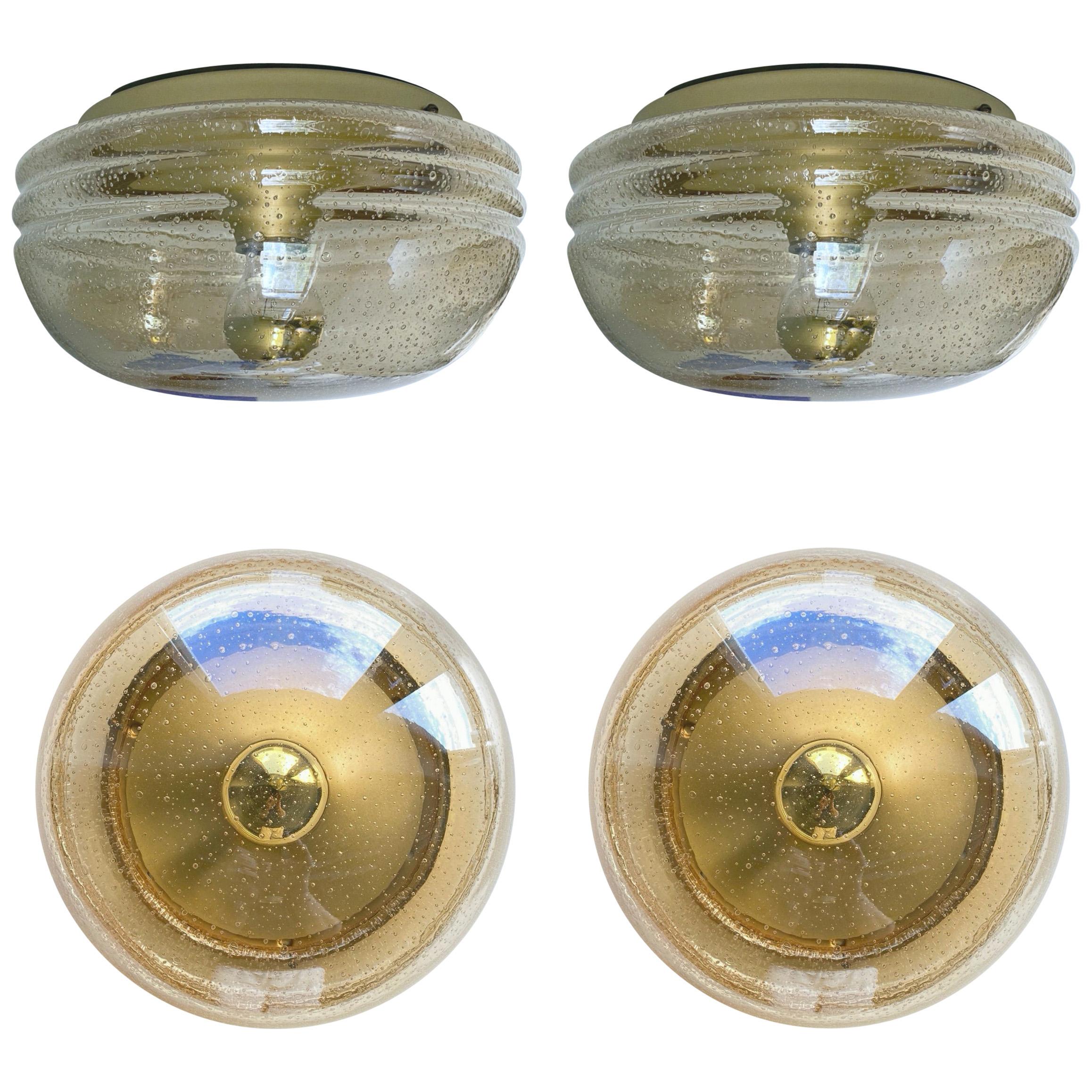 Pair of Space Age Hillebrand Brass & Glass Flushmount or Wall Lamps 1970 Germany