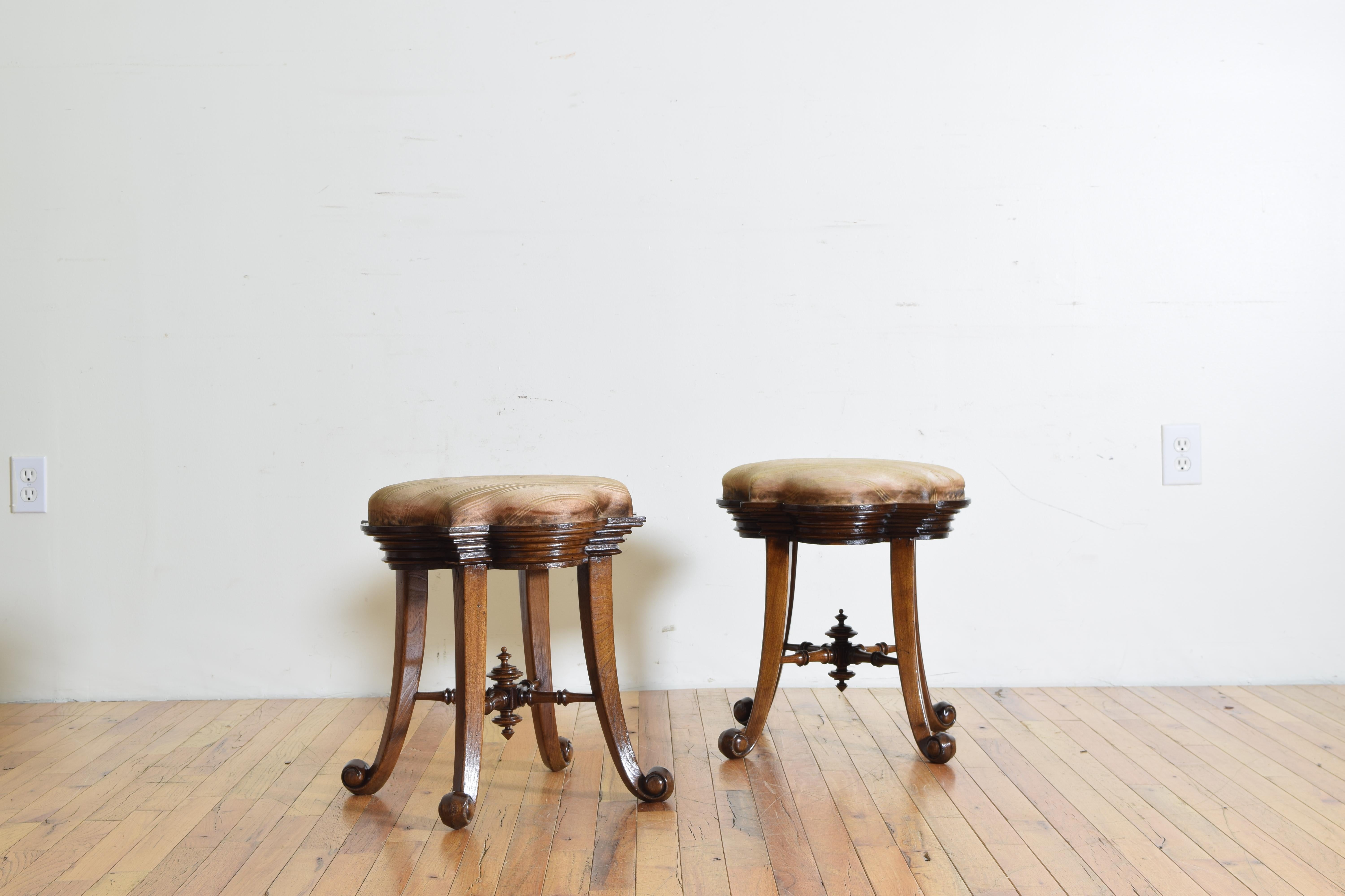 Pair of Spanish Art Nouveau Inspired Oak and Upholstered Stools In Excellent Condition In Atlanta, GA