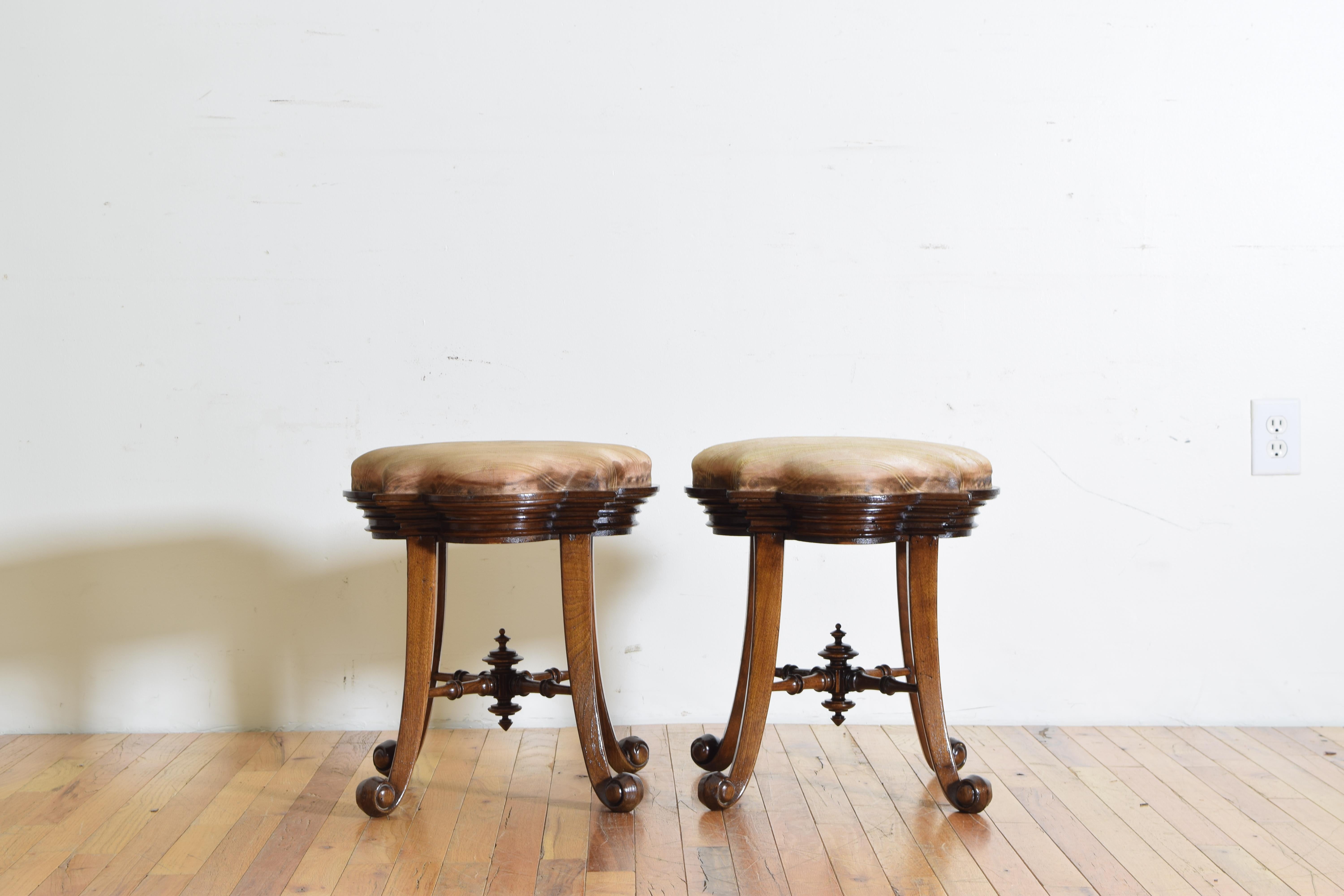 Mid-20th Century Pair of Spanish Art Nouveau Inspired Oak and Upholstered Stools